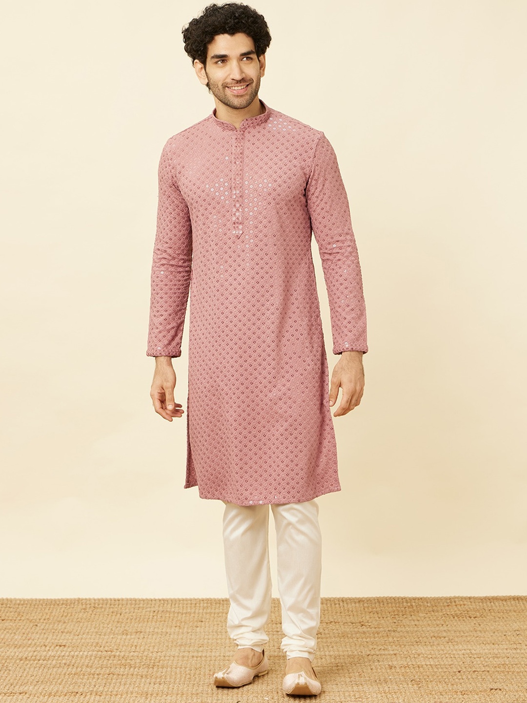 

Manyavar Ethnic Motifs Embroidered Mandarin Collar Mirror Work Straight Kurta, Pink