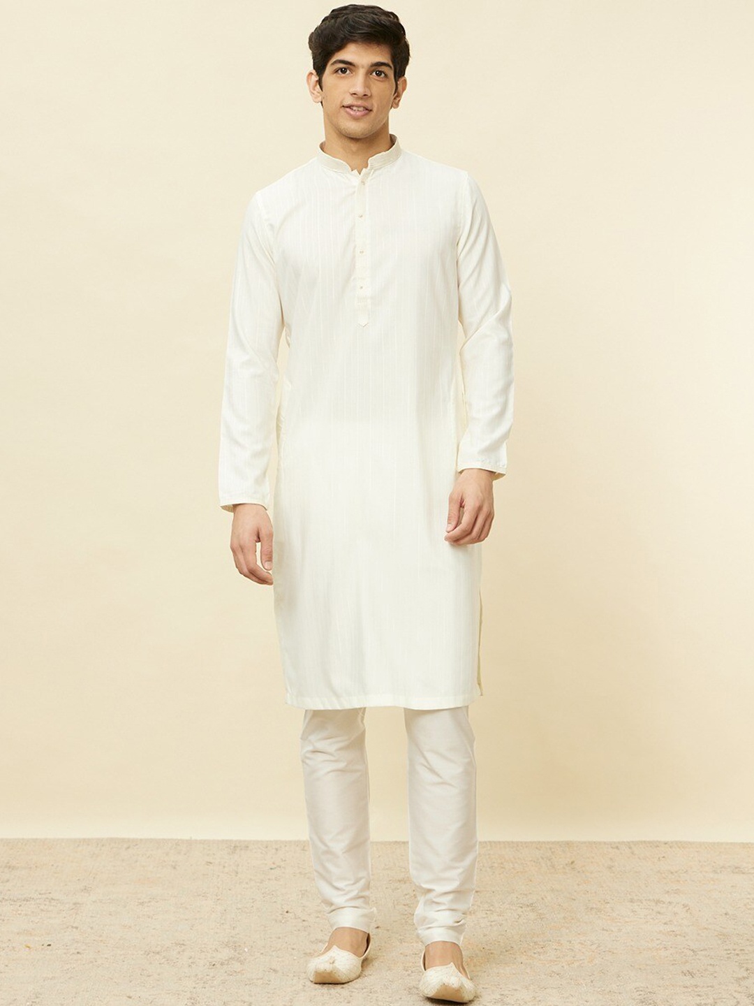 

Manyavar Striped Regular Thread Work Straight Kurta With Pyjamas, Cream