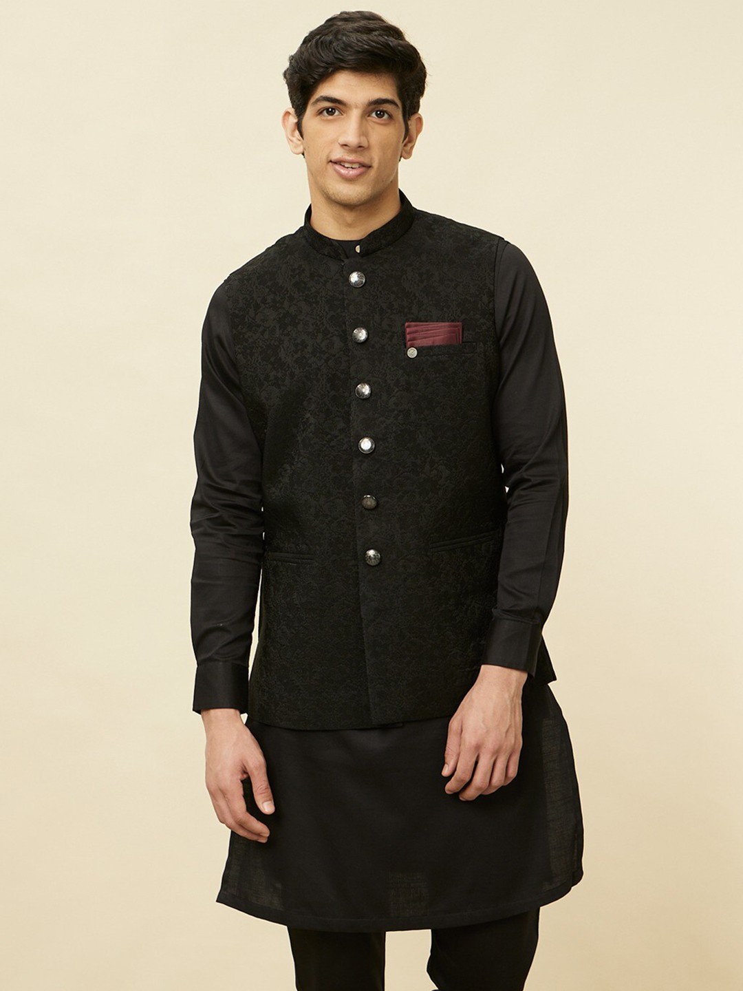 

Manyavar Self-Design Woven Nehru Jackets, Black