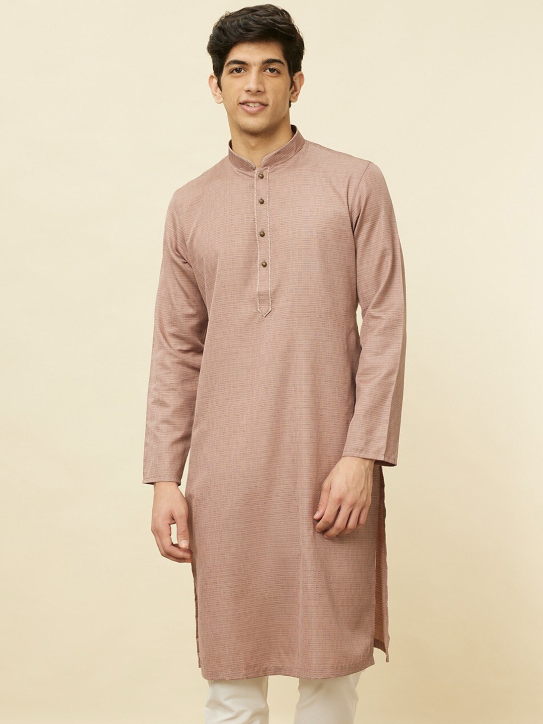 

Manyavar Striped Mandarin Collar Regular Straight Kurta with Pyjamas, Beige