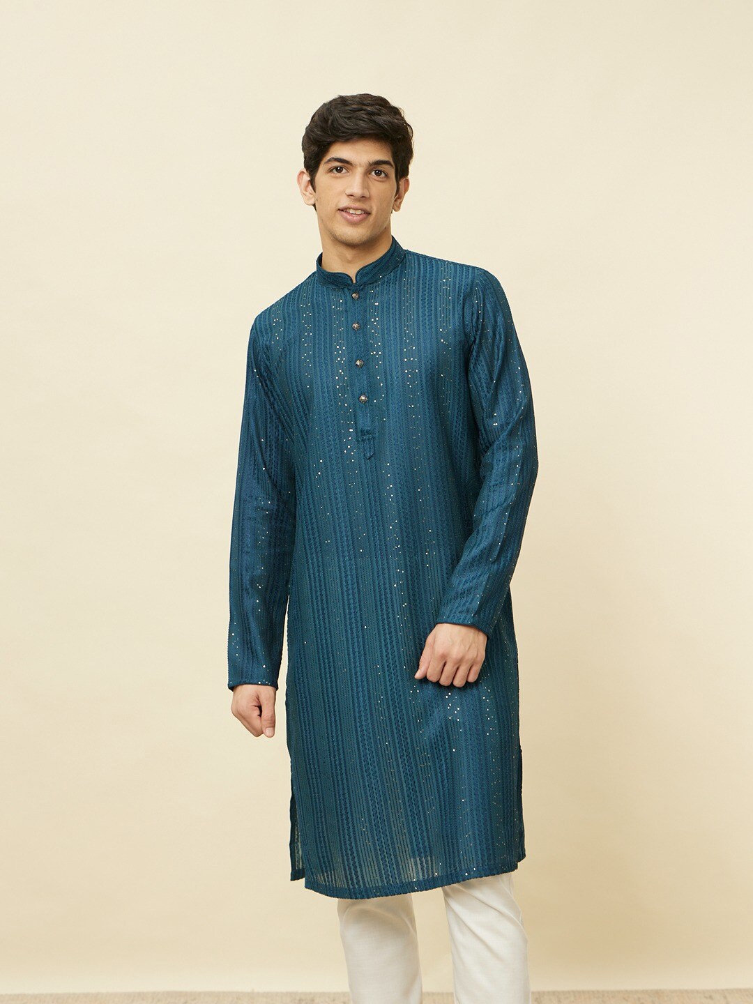 

Manyavar Striped Sequinned Embroidered Regular Straight Kurta With Pyjamas, Blue