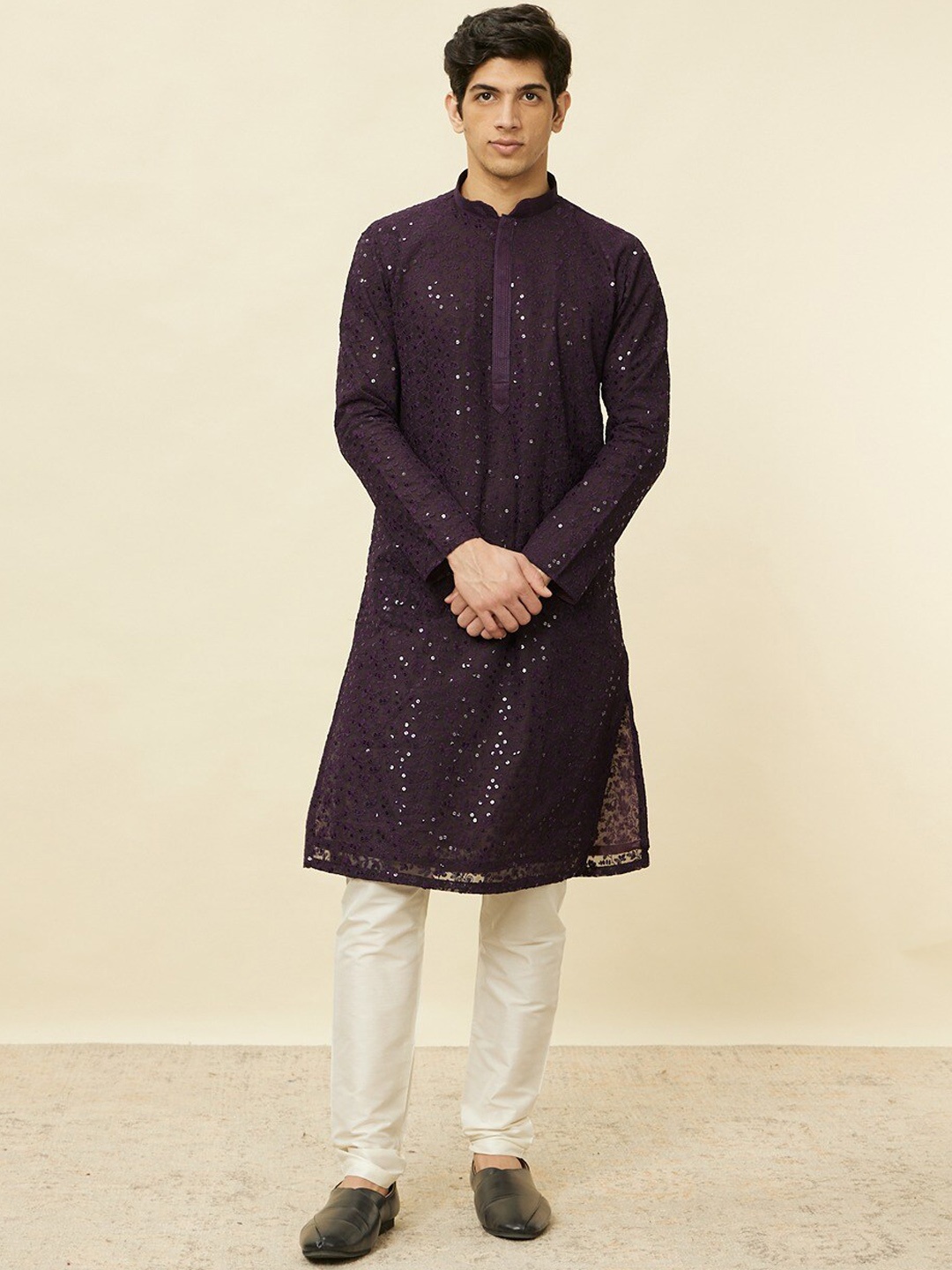 

Manyavar Floral Embroidered Sequinned Art Silk Regular Kurta With Pyjamas, Purple