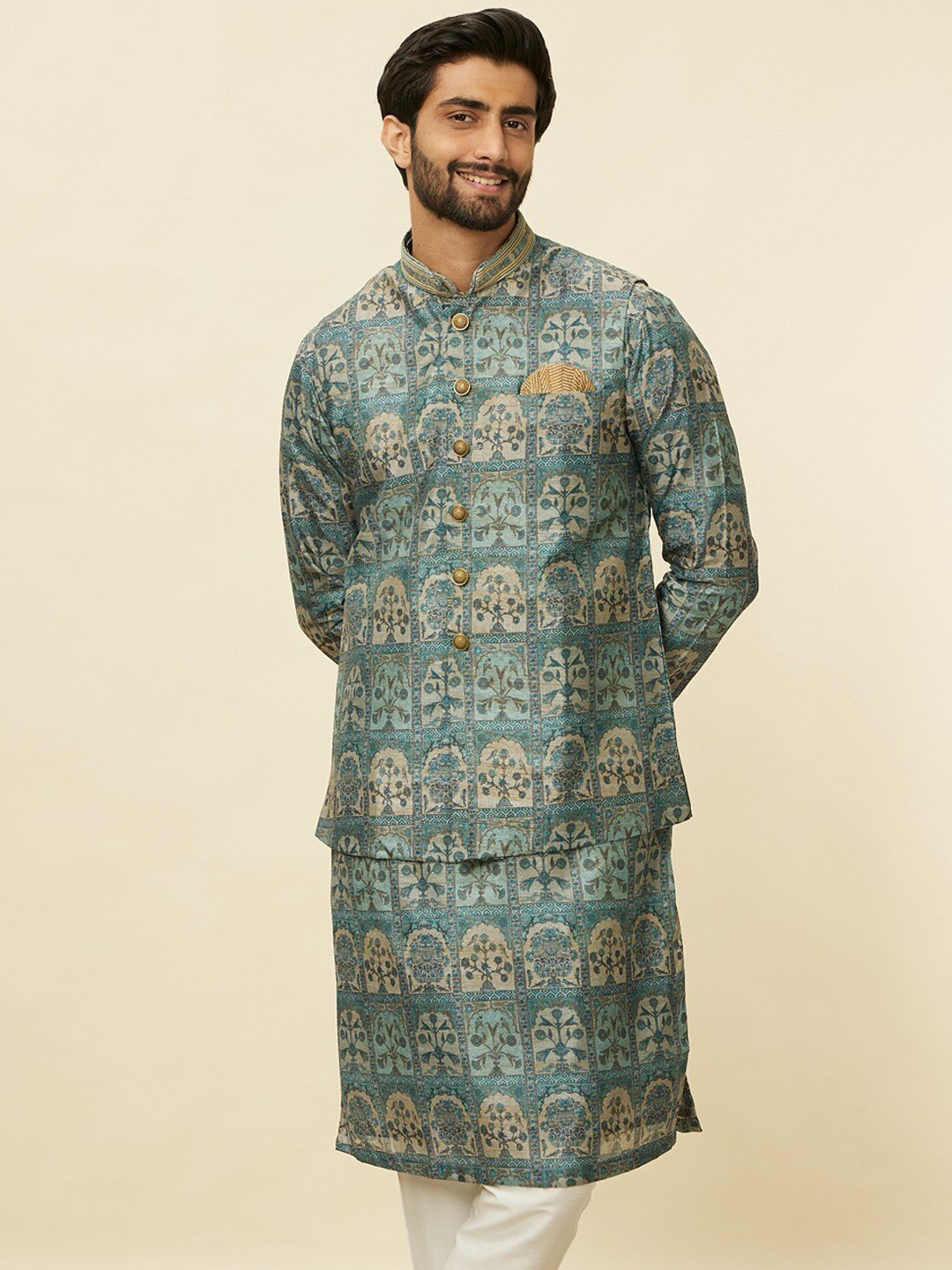 

Manyavar Printed Woven Nehru Jacket, Green