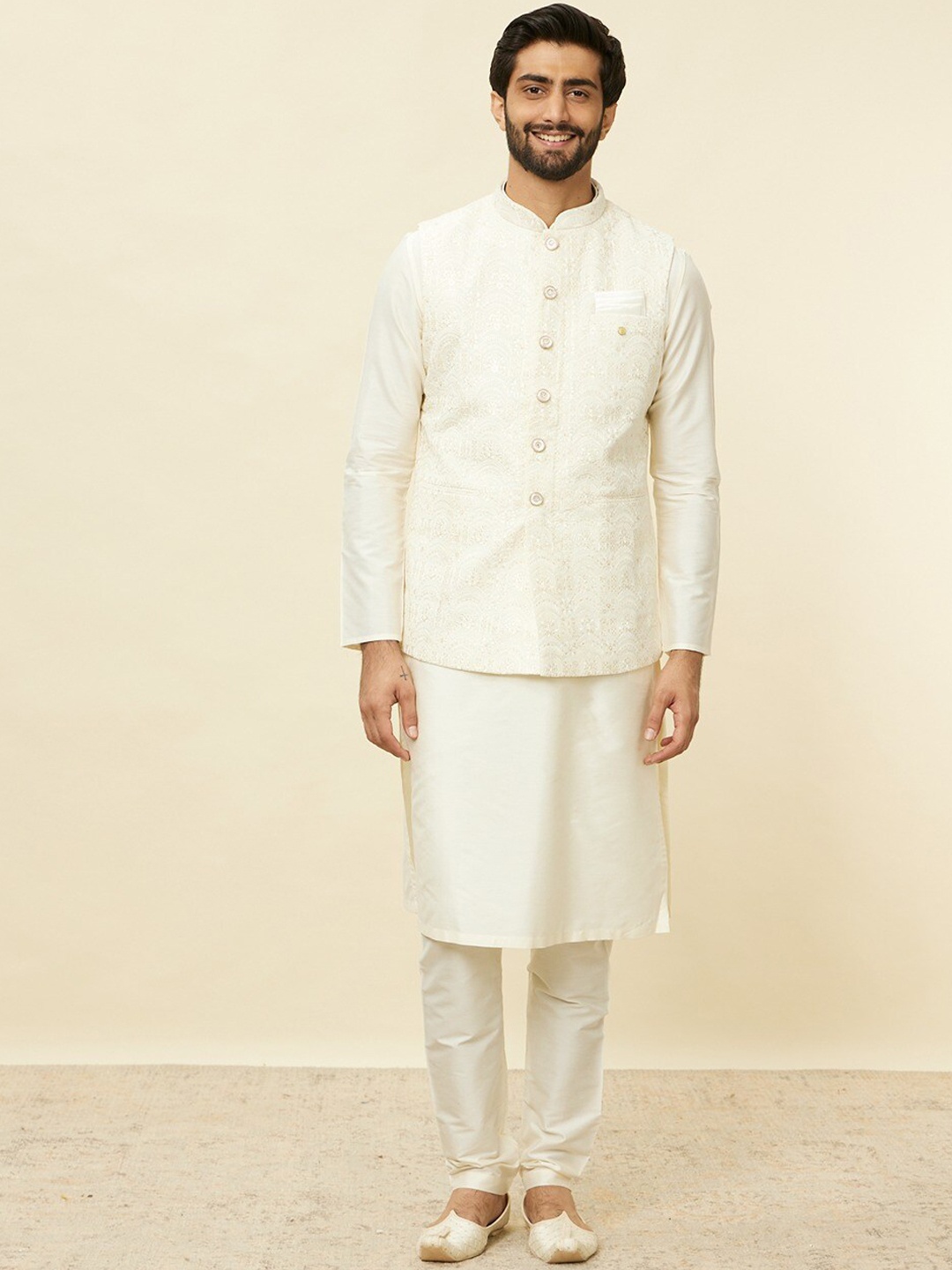 

Manyavar Men Self-Design Woven Nehru Jackets, Cream