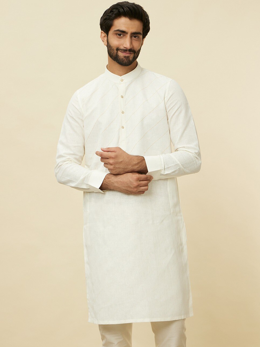 

Manyavar Band Collar Long Sleeves Thread Work Linen Straight Kurta, Cream