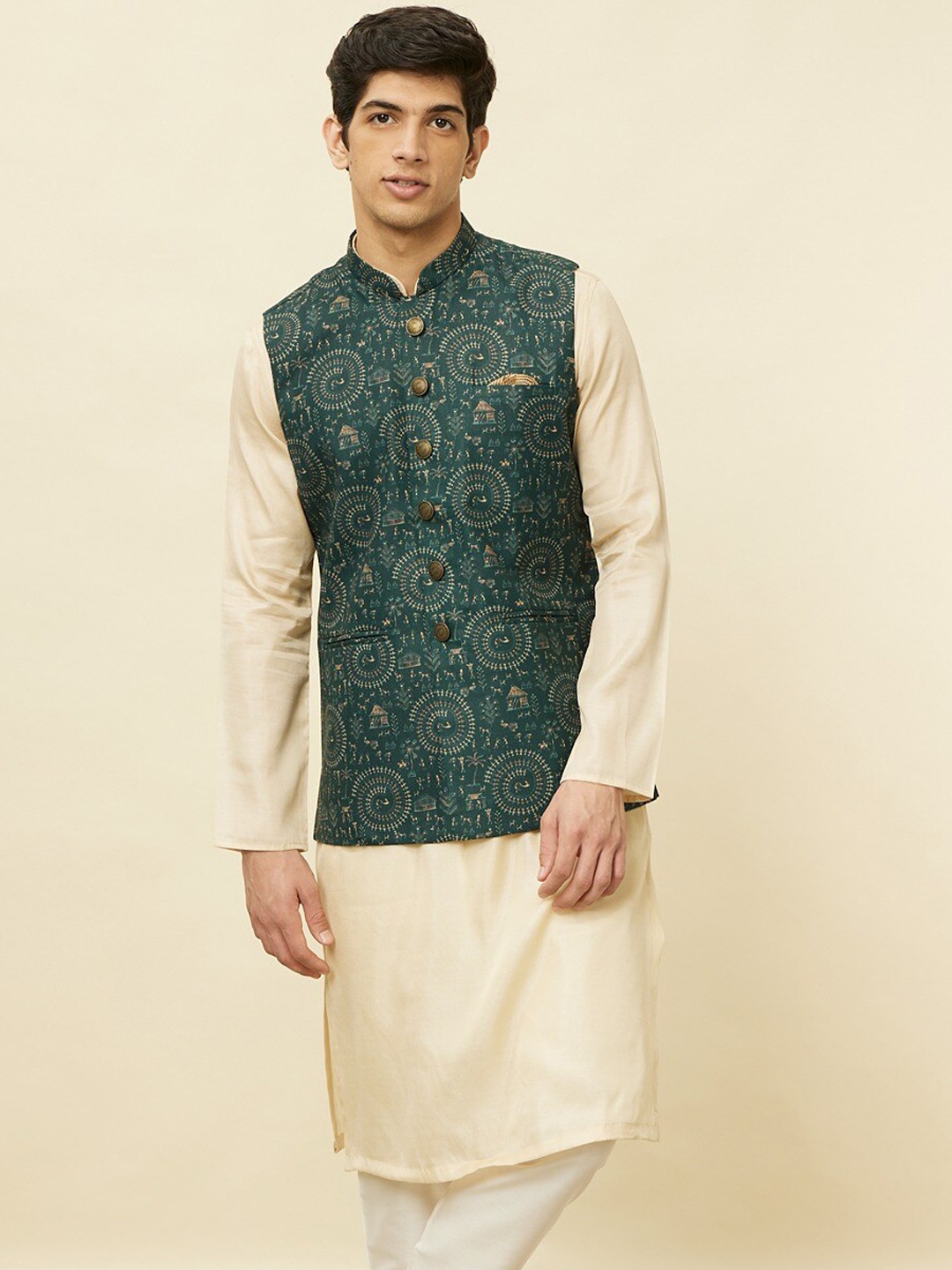 

Manyavar Printed Woven Nehru Jackets, Green