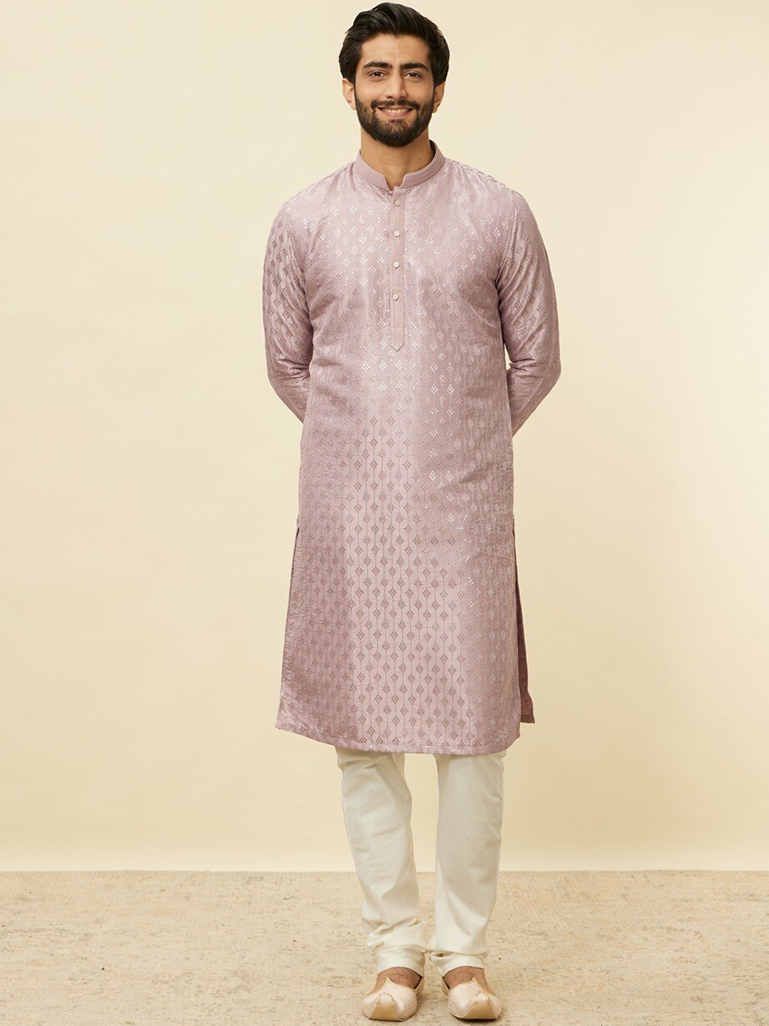 

Manyavar Sequin Embroidered Art Silk Regular Kurta With Churidar, Purple