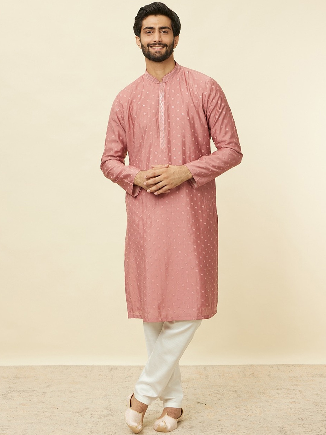 

Manyavar Floral Embroidered Art Silk Thread Work Kurta With Pyjamas, Pink