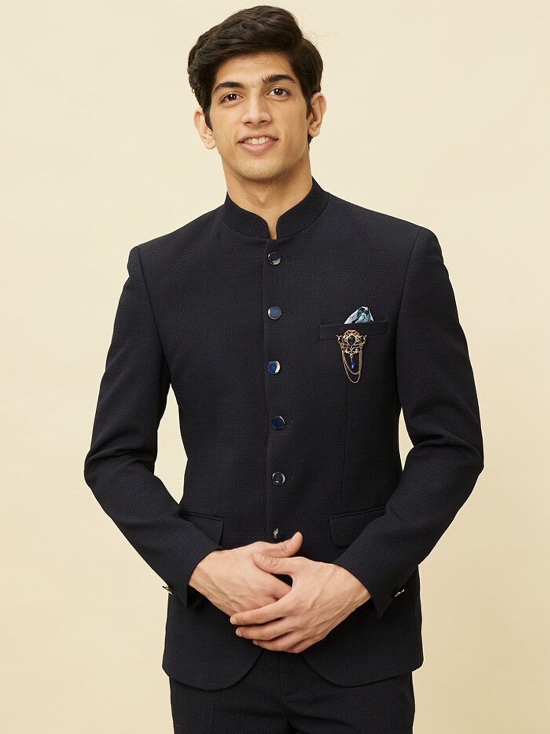 

Manyavar Men Single-Breasted Two-Piece Party Suit, Blue