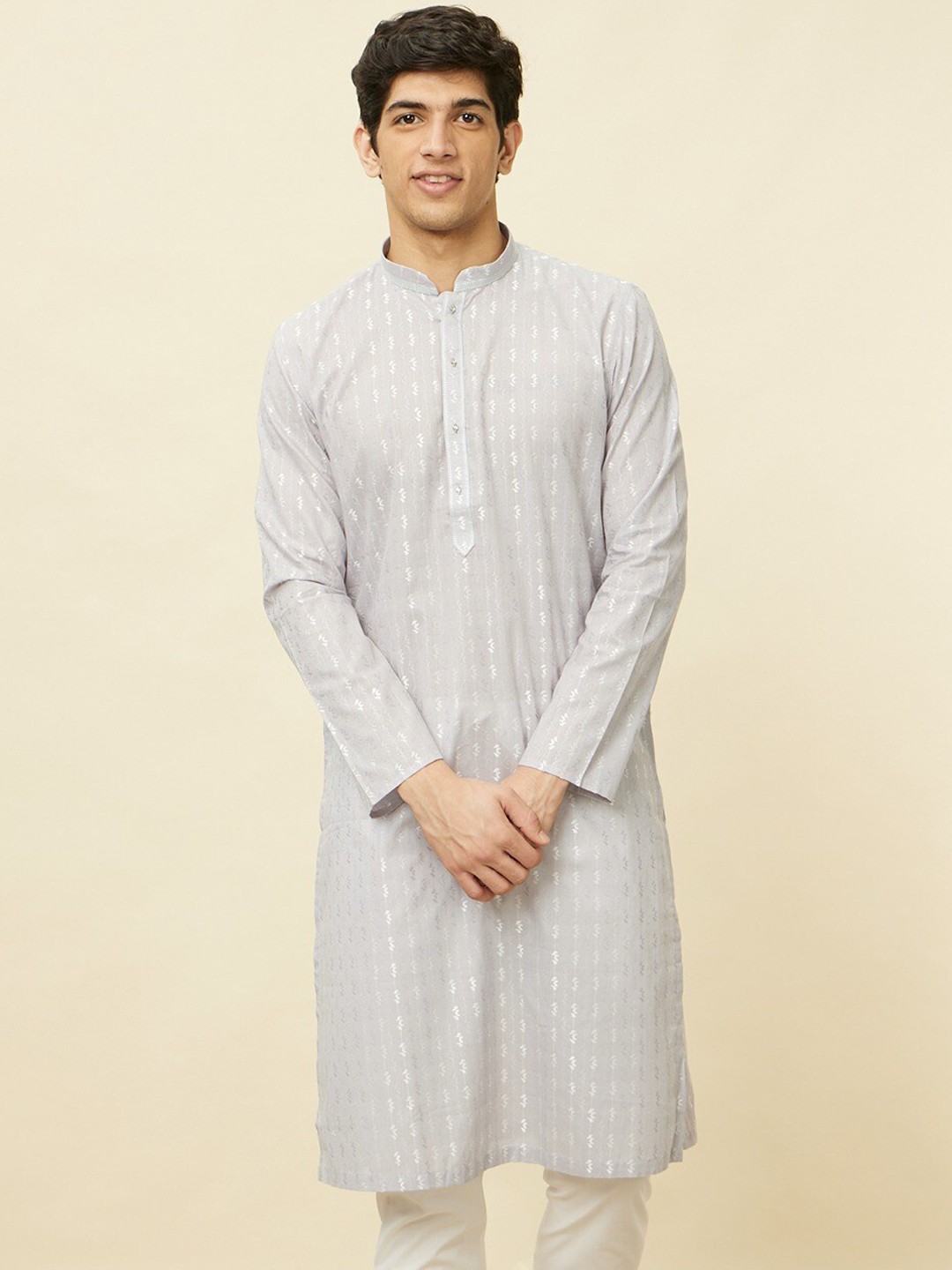 

Manyavar Floral Embroidered Regular Pure Cotton Kurta With Pyjamas, Grey