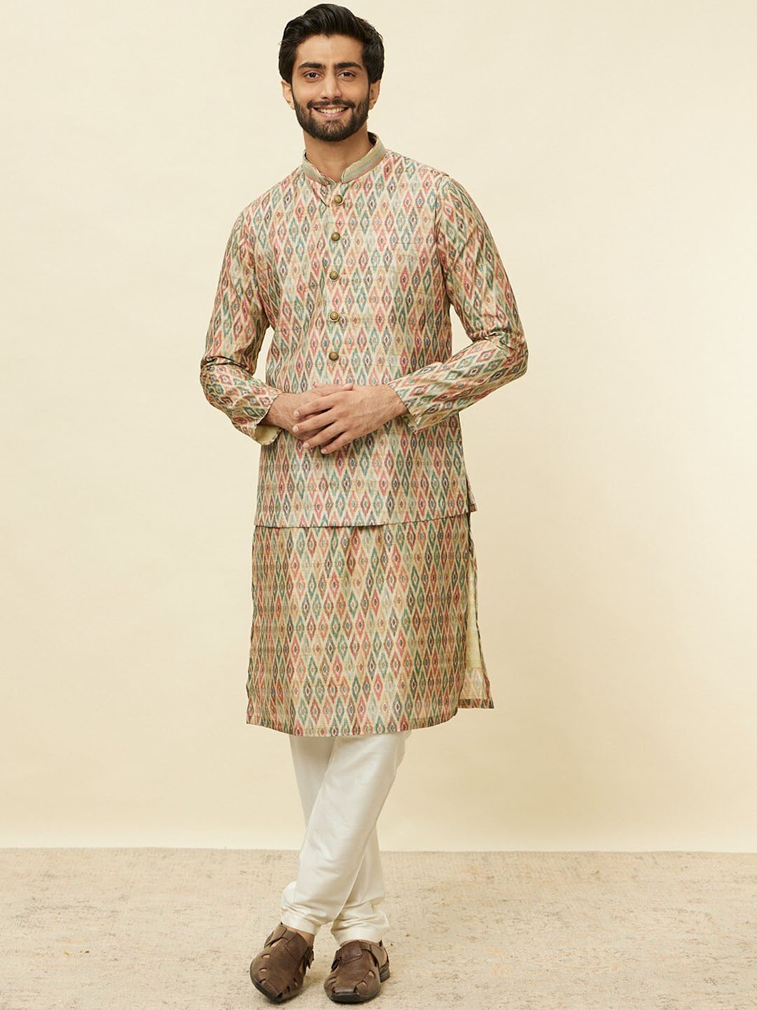 

Manyavar Printed Woven Nehru Jacket, Green