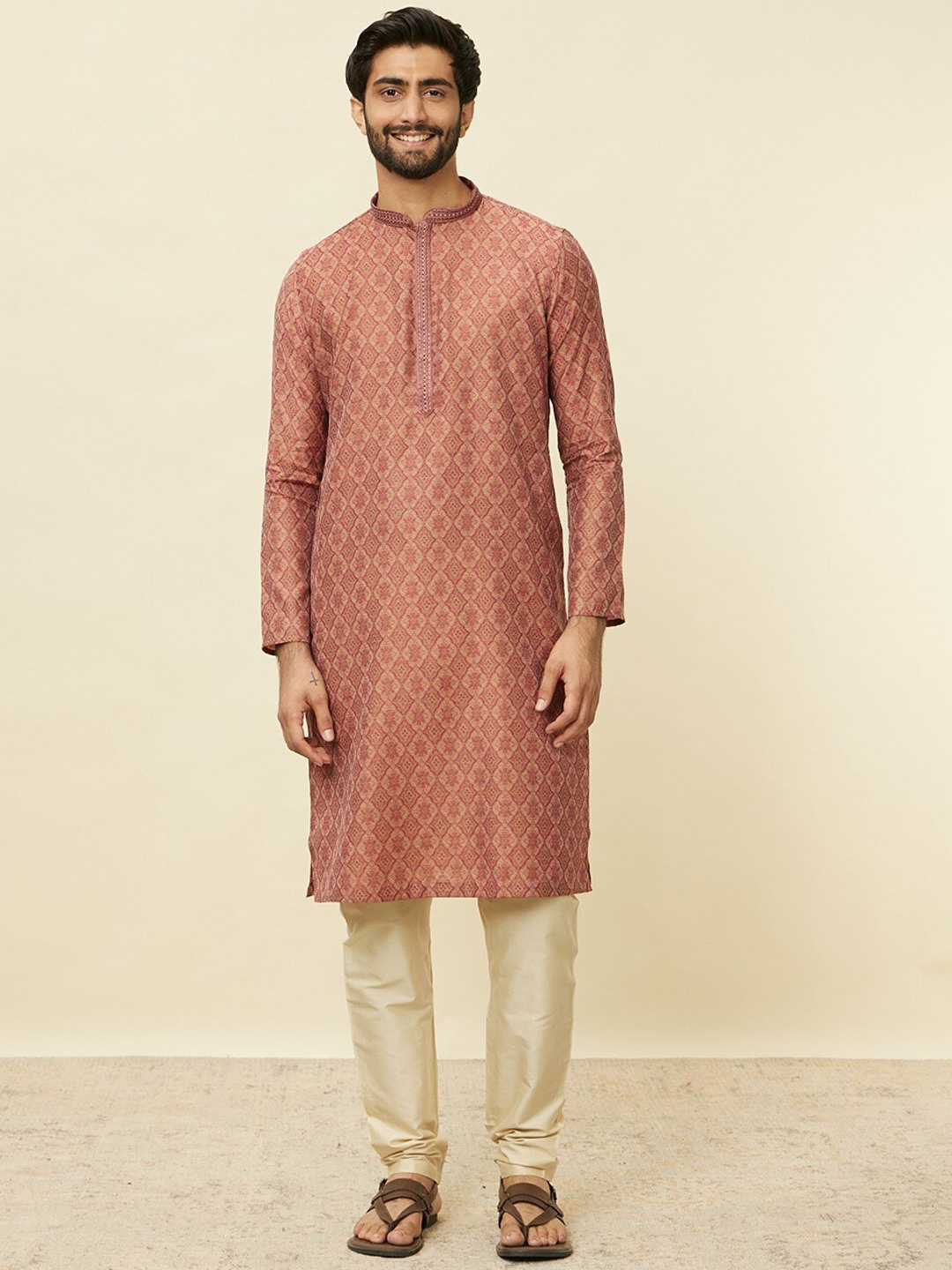 

Manyavar Ethnic Motifs Self Design Regular Art Silk Kurta With Pyjamas, Rust