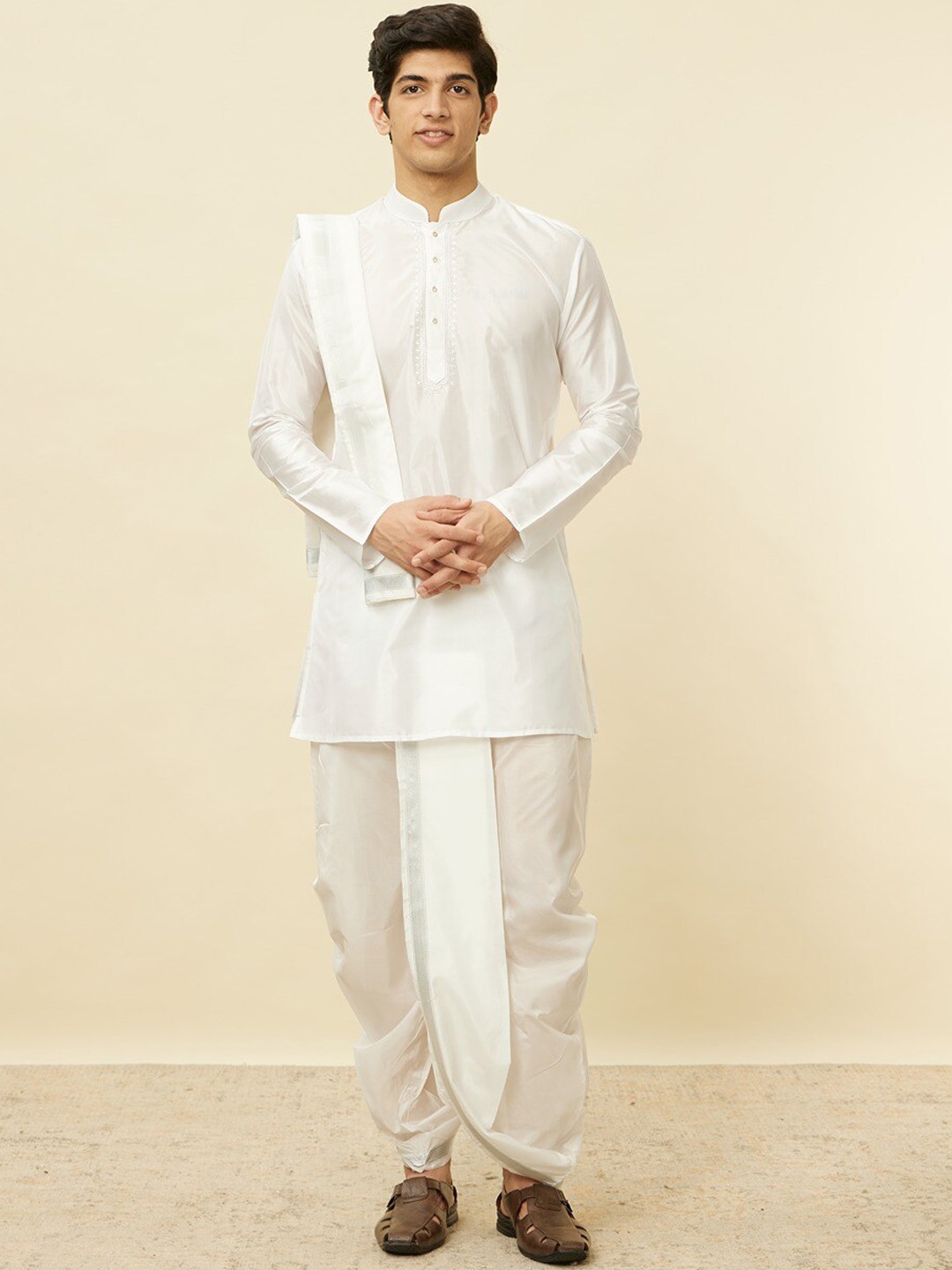 

Manyavar Art Silk Regular Kurta With Pancha & Dupatta, White