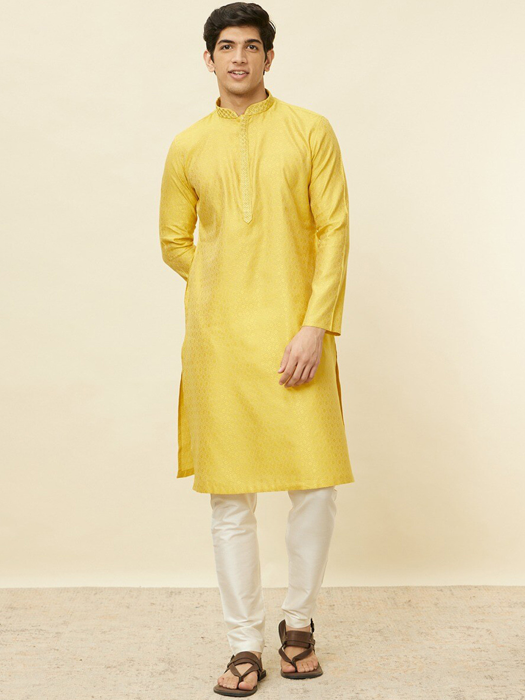 

Manyavar Ethnic Woven Design Straight Kurta with Pyjamas, Mustard