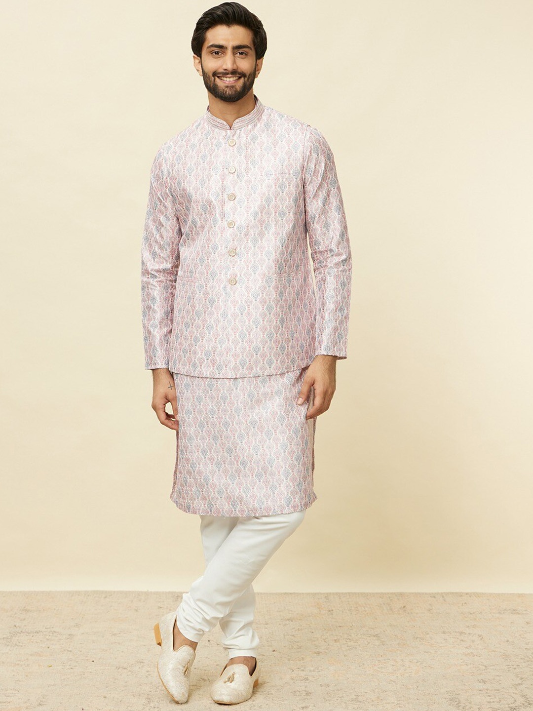

Manyavar Printed Woven Nehru Jacket, Pink