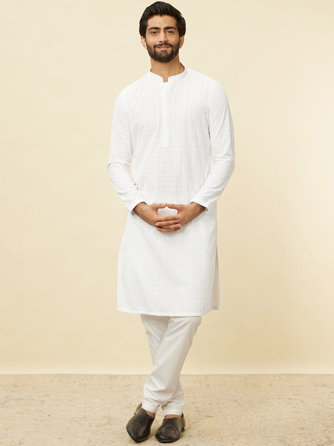 

Manyavar Geometric Embroidered Regular Thread Work Art Silk Kurta With Pyjamas, White
