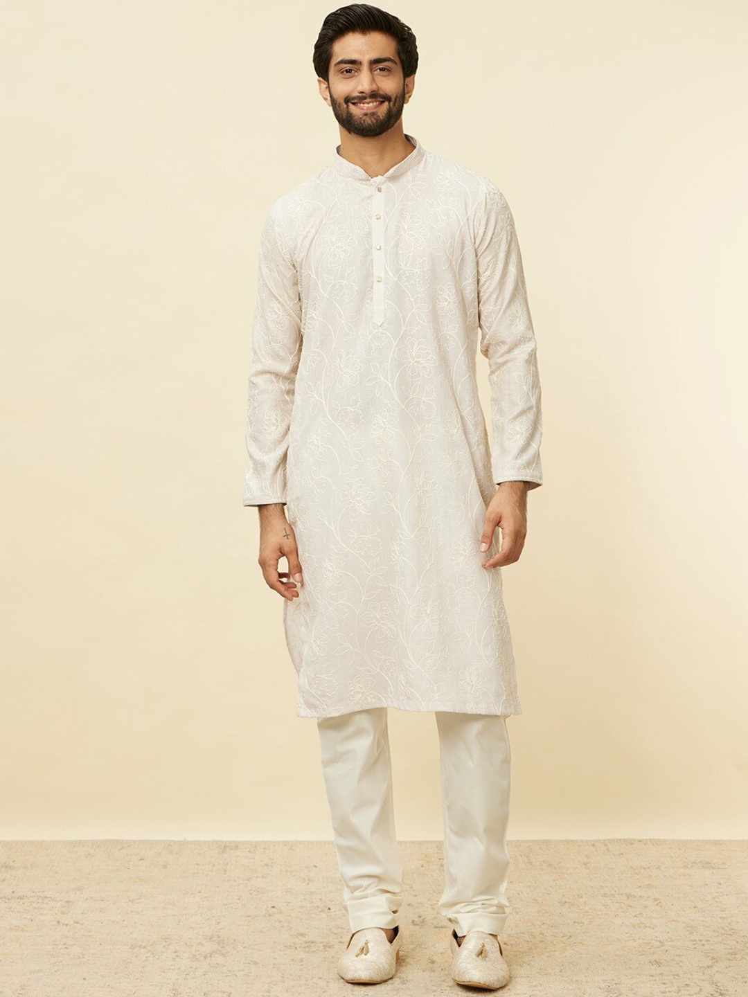 

Manyavar Floral Self Design Art Silk Regular Kurta With Churidar, Beige