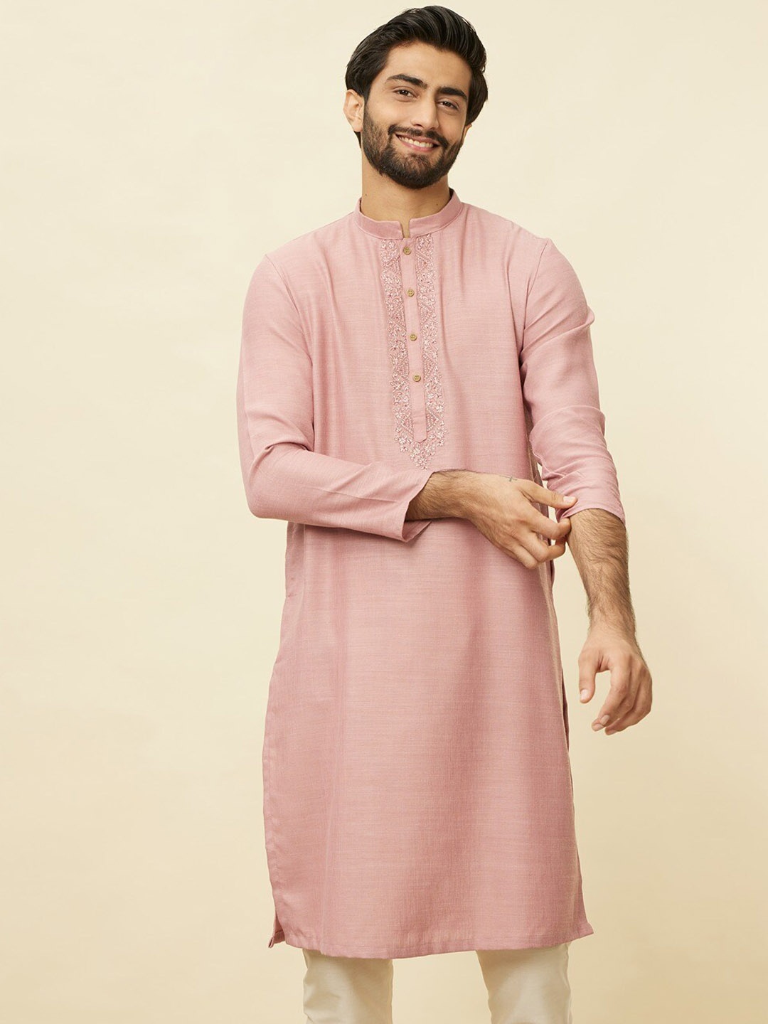 

Manyavar Yoke Design Thread Work Straight Kurta with Pyjamas, Pink