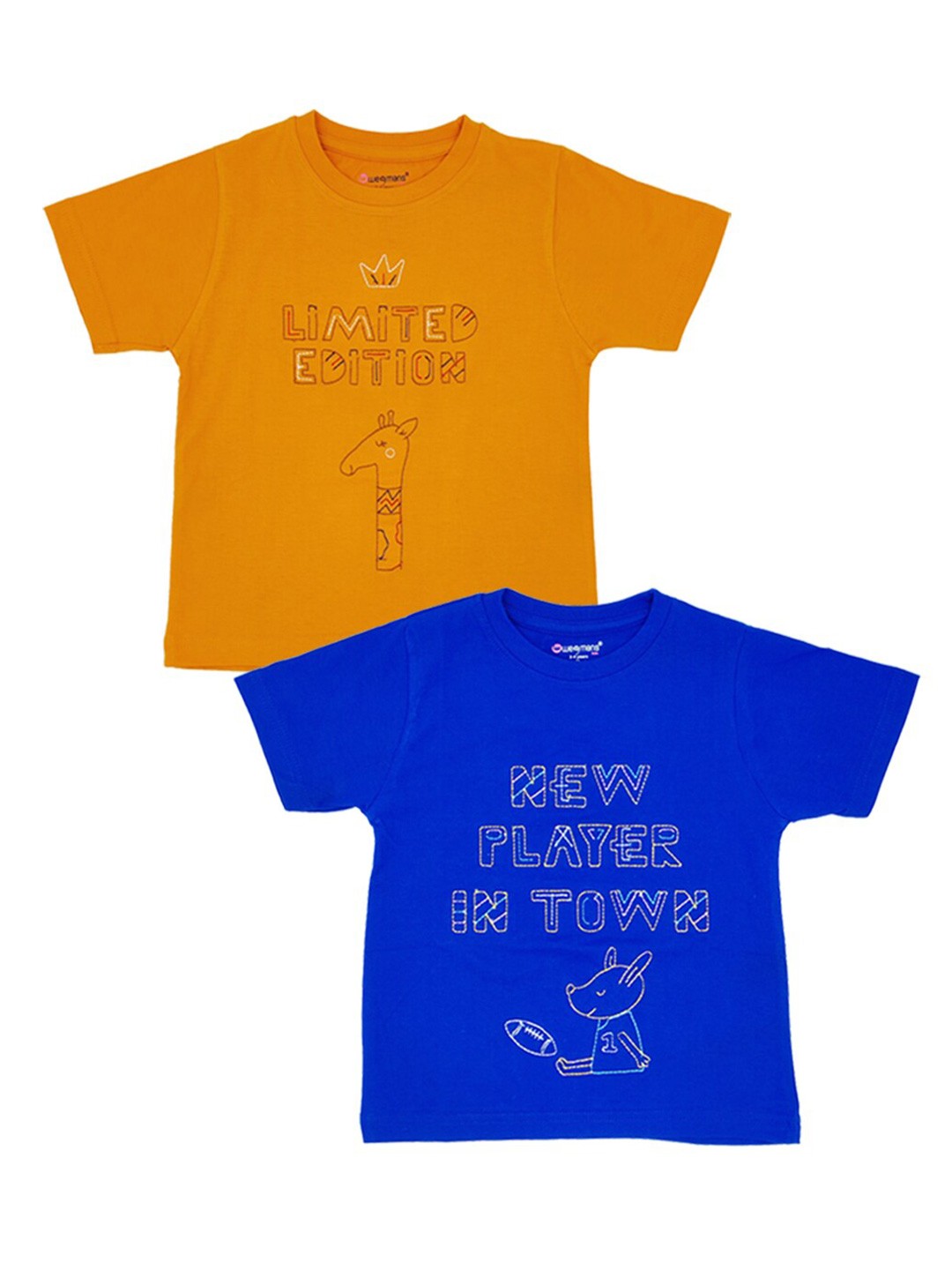 

Wegmans Kids Pack of 2 Typography Embroidered Relaxed Fit Pure Cotton T-shirts, Blue