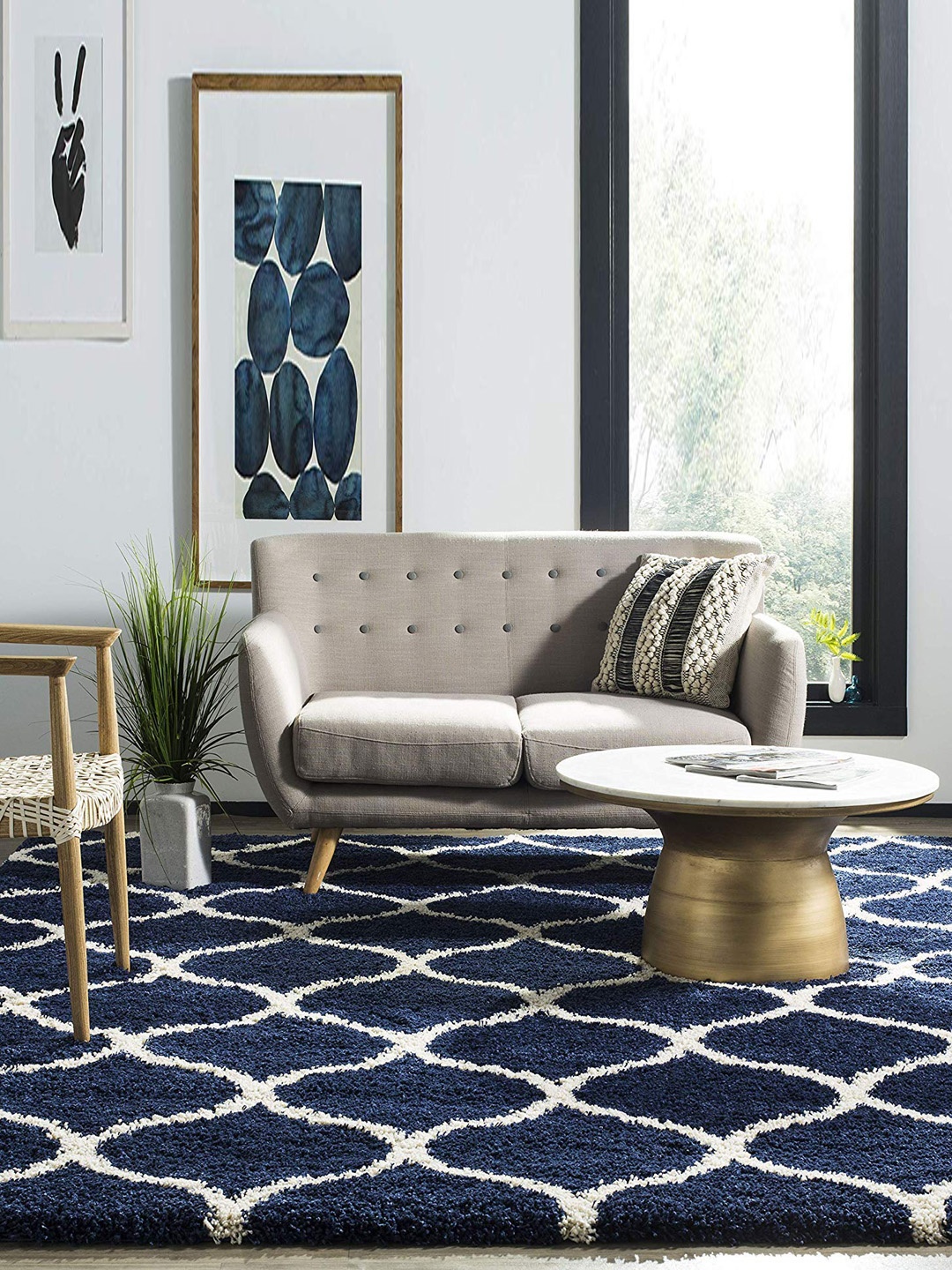 

AaHo Decor Blue & White Geometric Shaggy Carpet