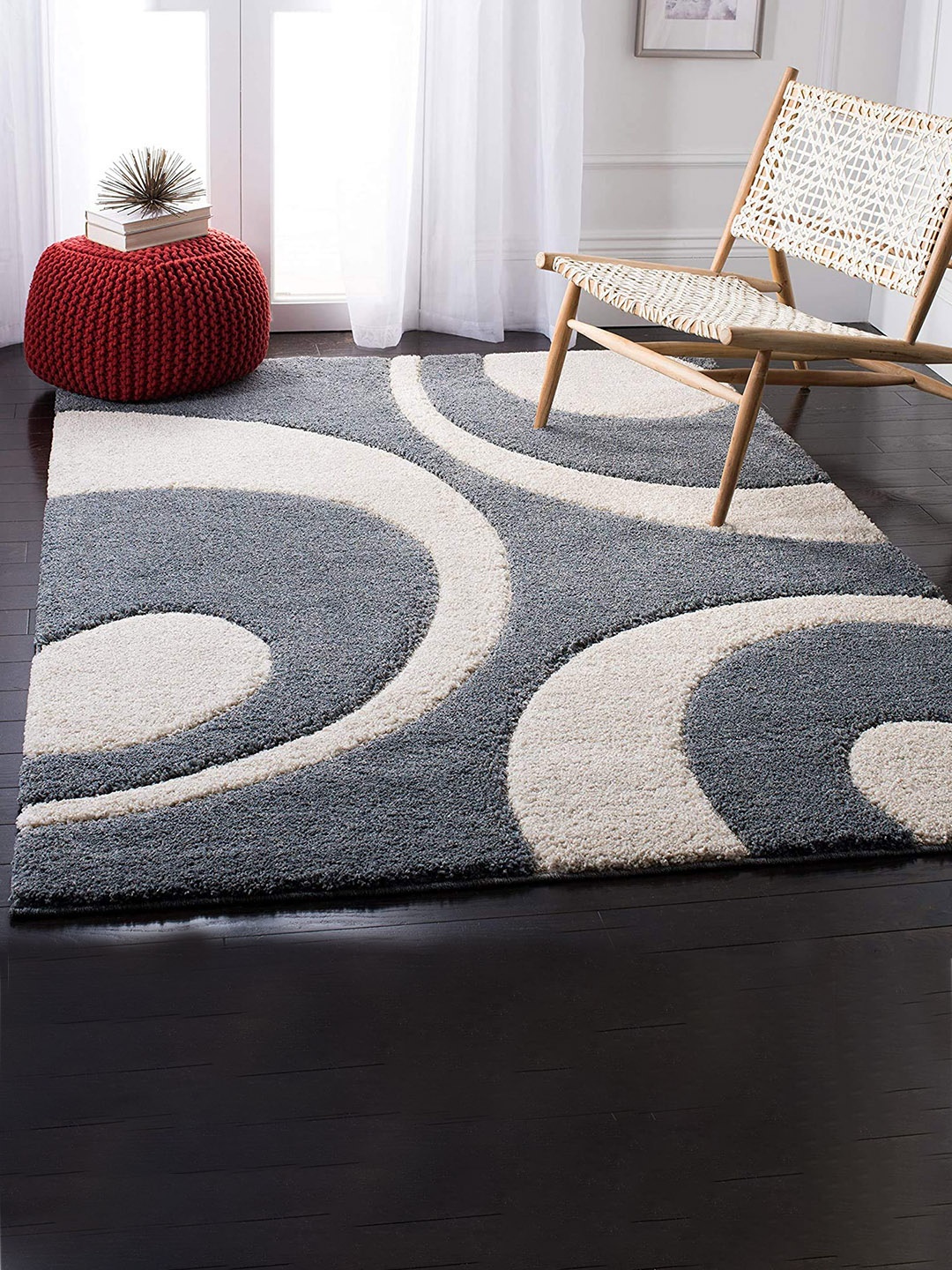 

AaHo Decor Grey & White Anti-Skid Abstract Shaggy Microfiber Woolen Carpet