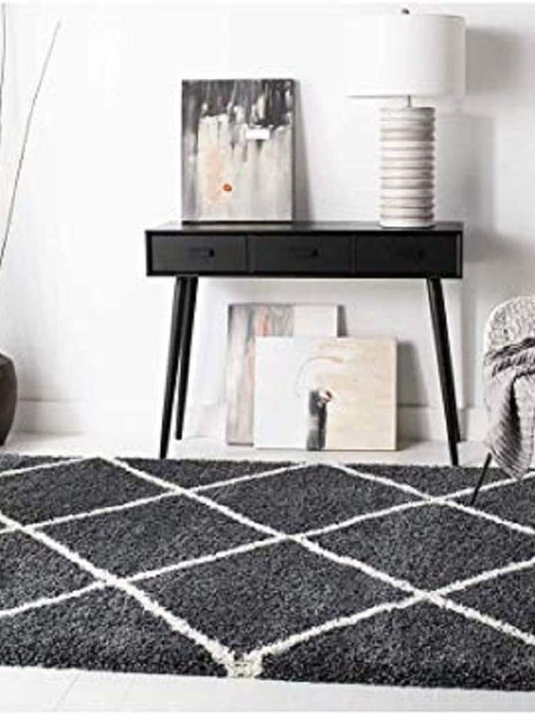 

AaHo Decor White & Grey Geometric Shaggy Woollen Carpet