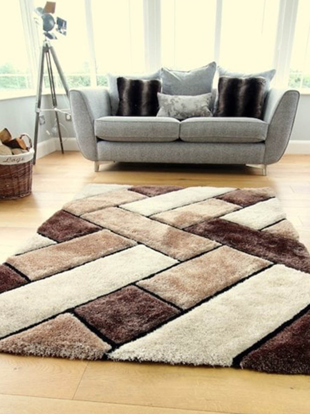 

AaHo Decor Brown & Beige Geometric Anti-Skid Shaggy Rectangular Carpet