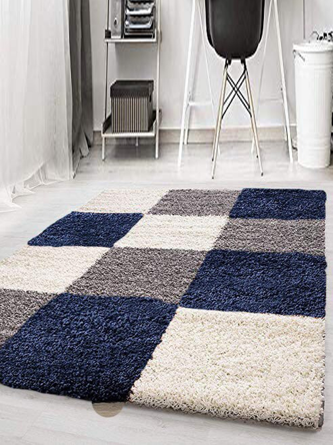 

AaHo Decor Navy Blue & White Geometric Shaggy Carpet