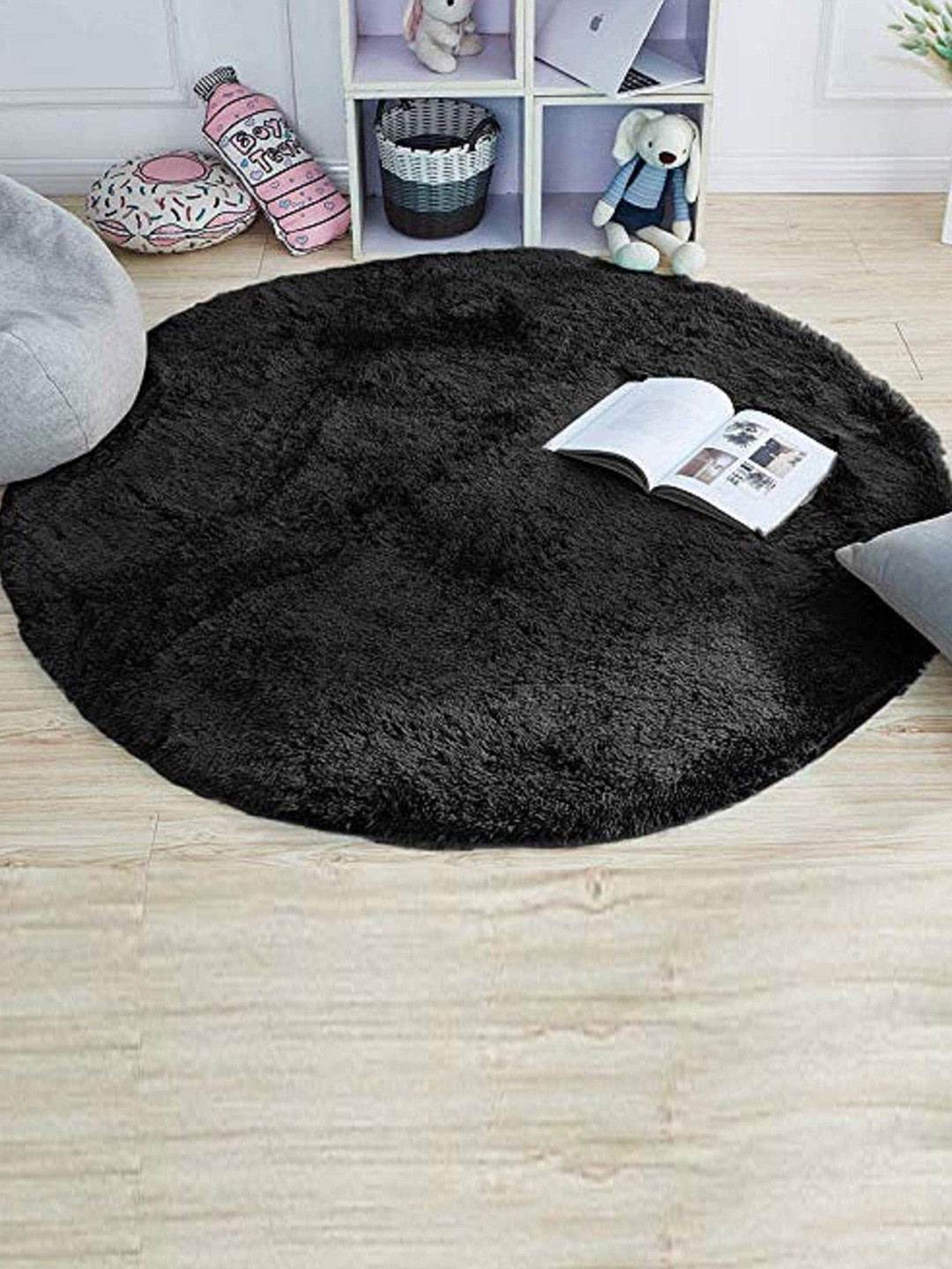 

AaHo Decor Black Plain Shaggy Throw Round Fluffy Carpet