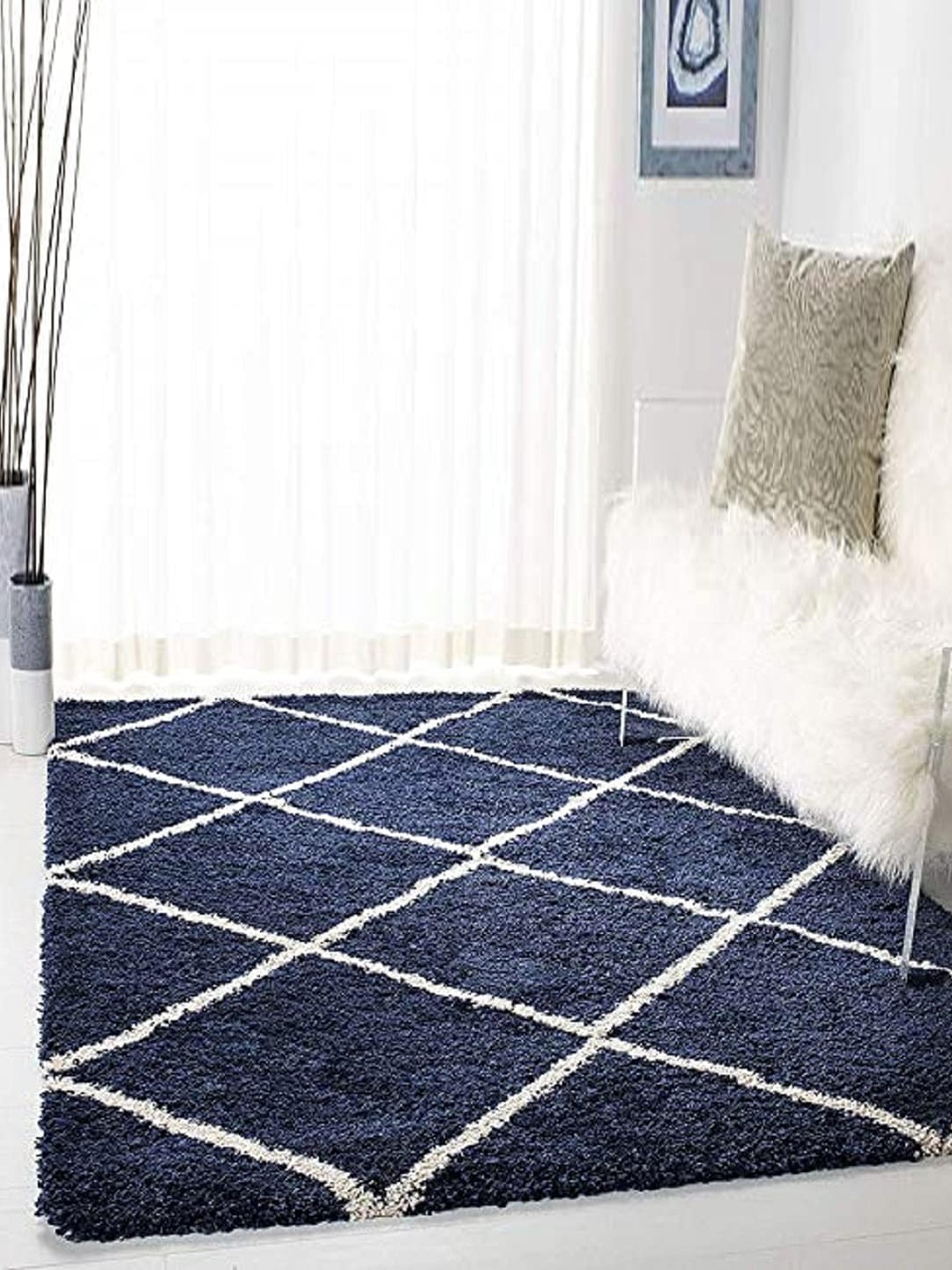 

AaHo Decor Blue & White Geometric Shaggy Woolen Carpets