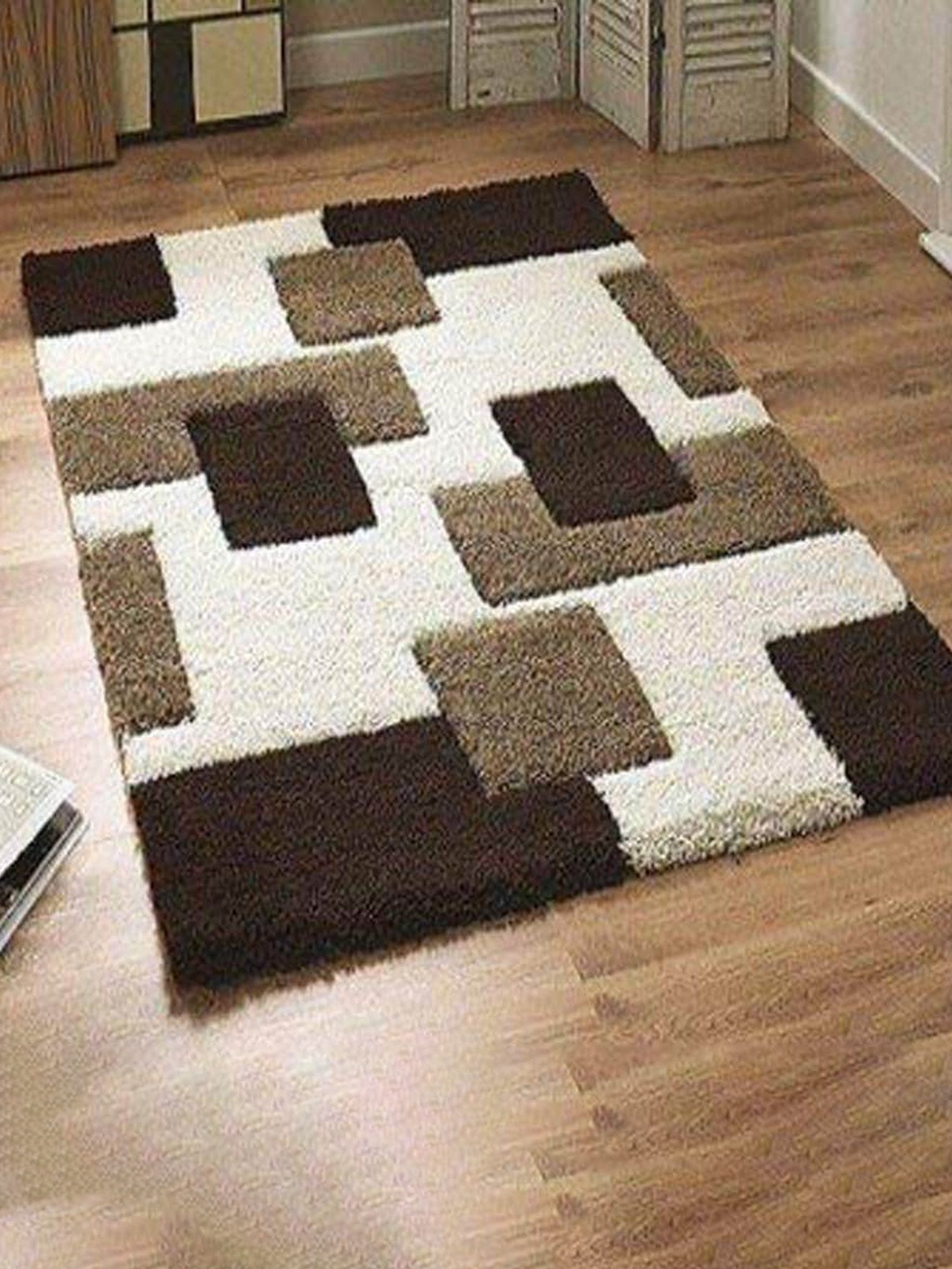 

AaHo Decor White & Brown Anti-Skid Tiles Carpet Rug Area Runner, Black