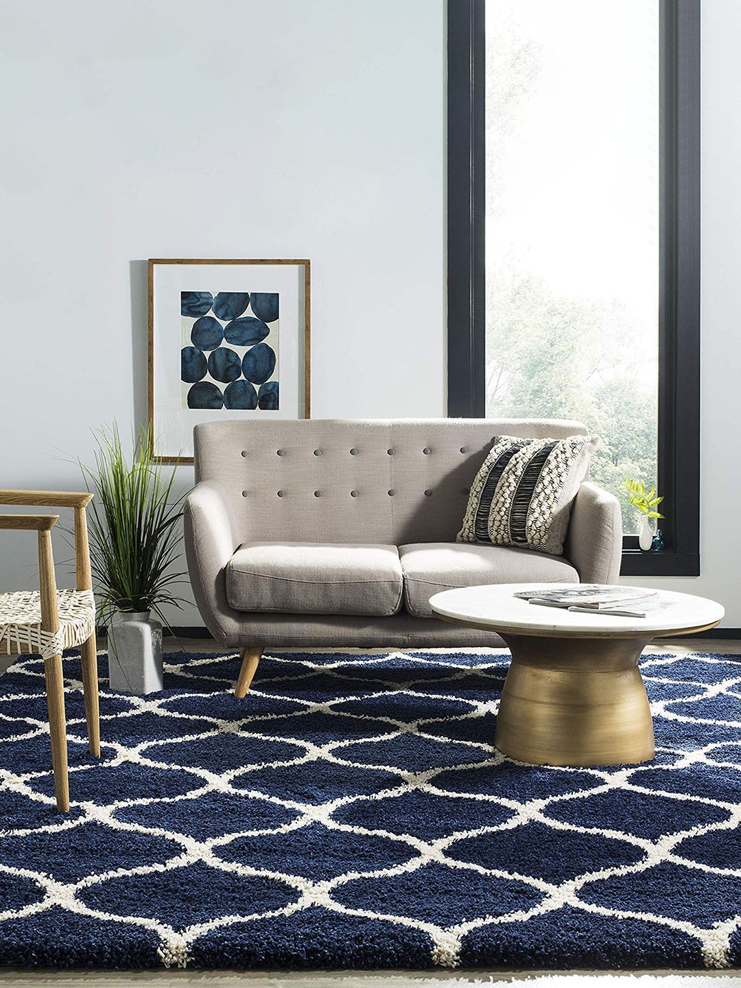 

AaHo Decor Blue & White Geometric Printed Woolen Carpet Rugs