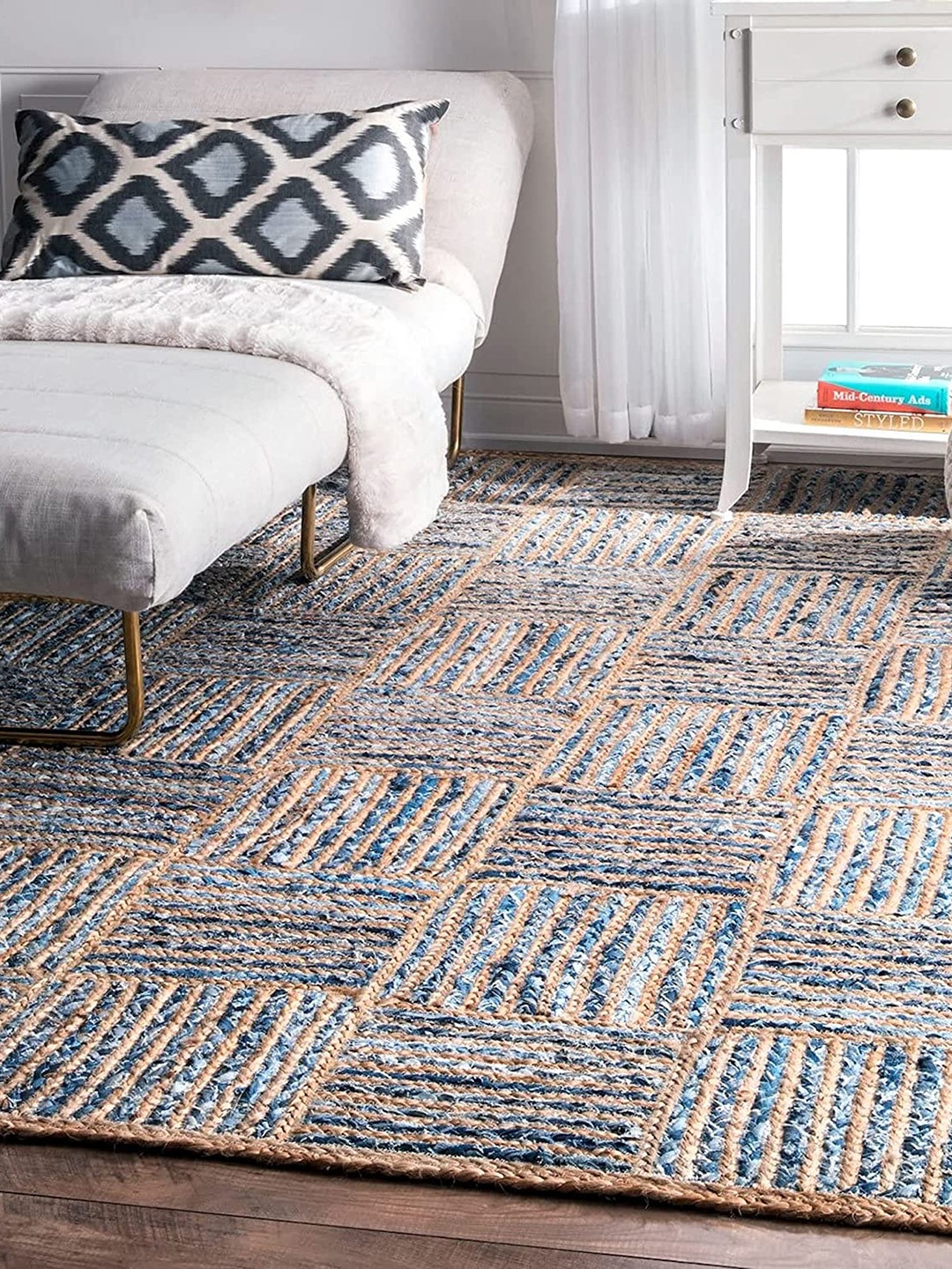 

AaHo Decor Blue & Brown Anti-Skid Striped Tiles Braided Jute Denim Carpet