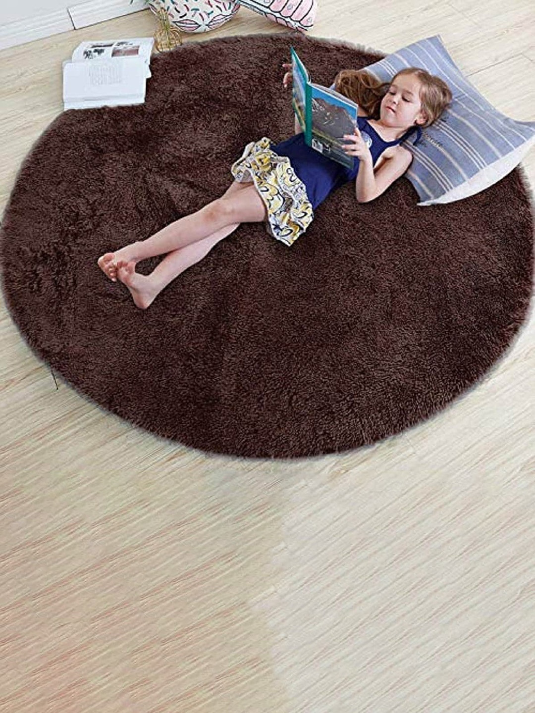 

AaHo Decor Coffee Brown Anti-Skid Round Fluffy Circle Shaggy Microfibre Floor Mat
