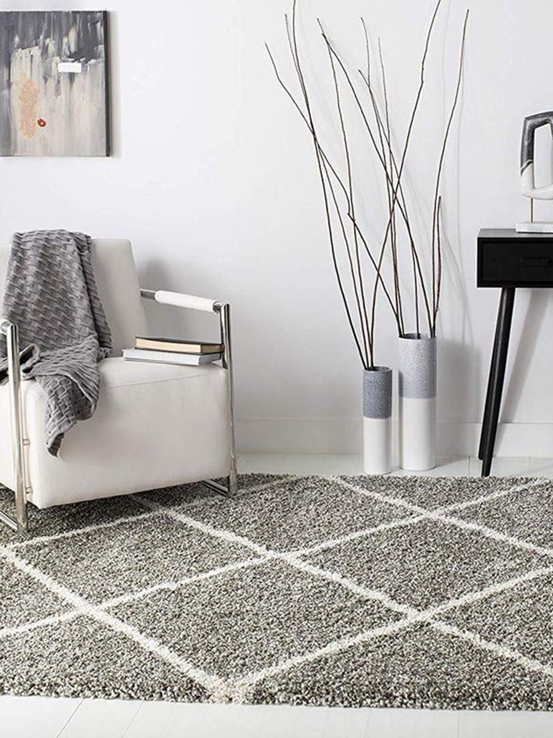 

AaHo Decor Grey & White Geometric Shaggy Woollen Carpet