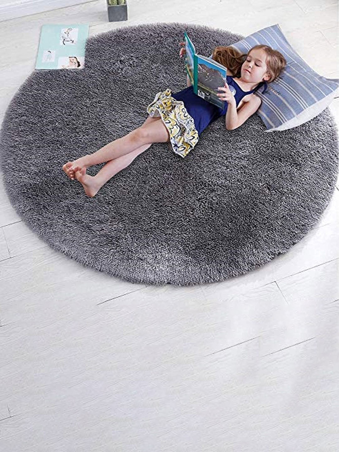 

AaHo Decor Grey Round Plain Fluffy Shaggy Rug Carpet