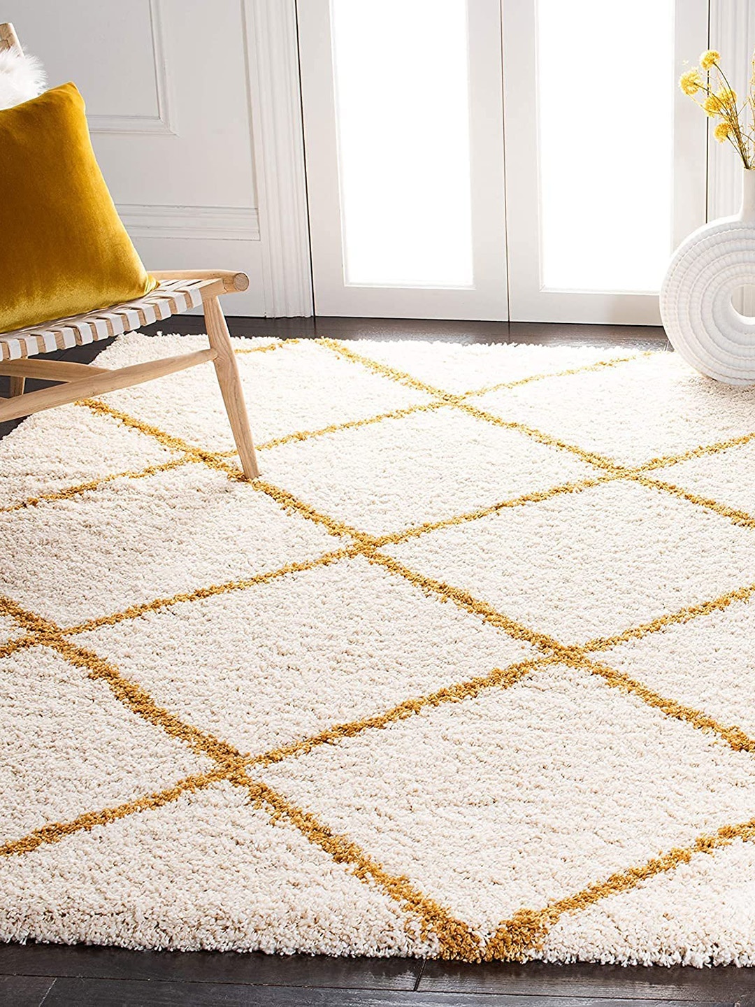 

AaHo Decor Cream & Yellow Geometric Shaggy Carpet