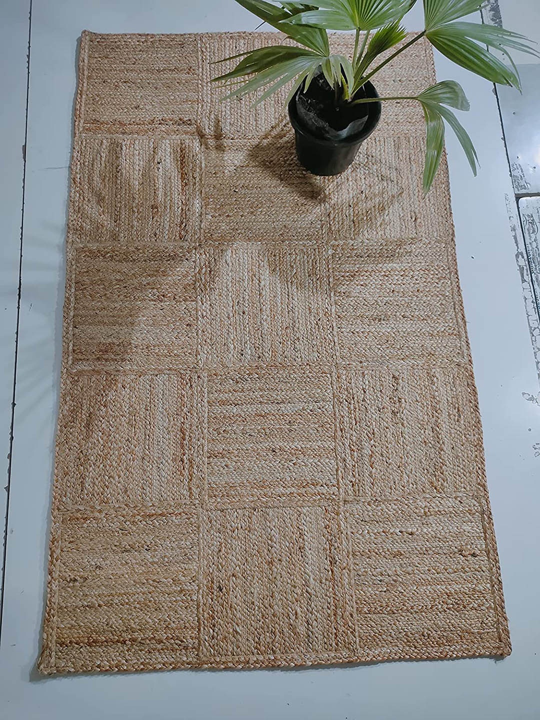 

AaHo Decor Beige Jute Rug Tile Traditional Braided Carpet