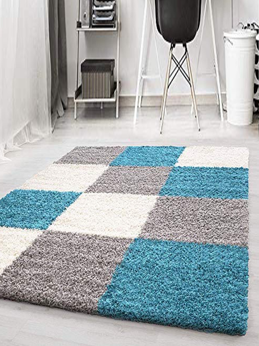 

AaHo Decor Turquoise Blue and White Chess Box Non Shedding Shaggy Carpets