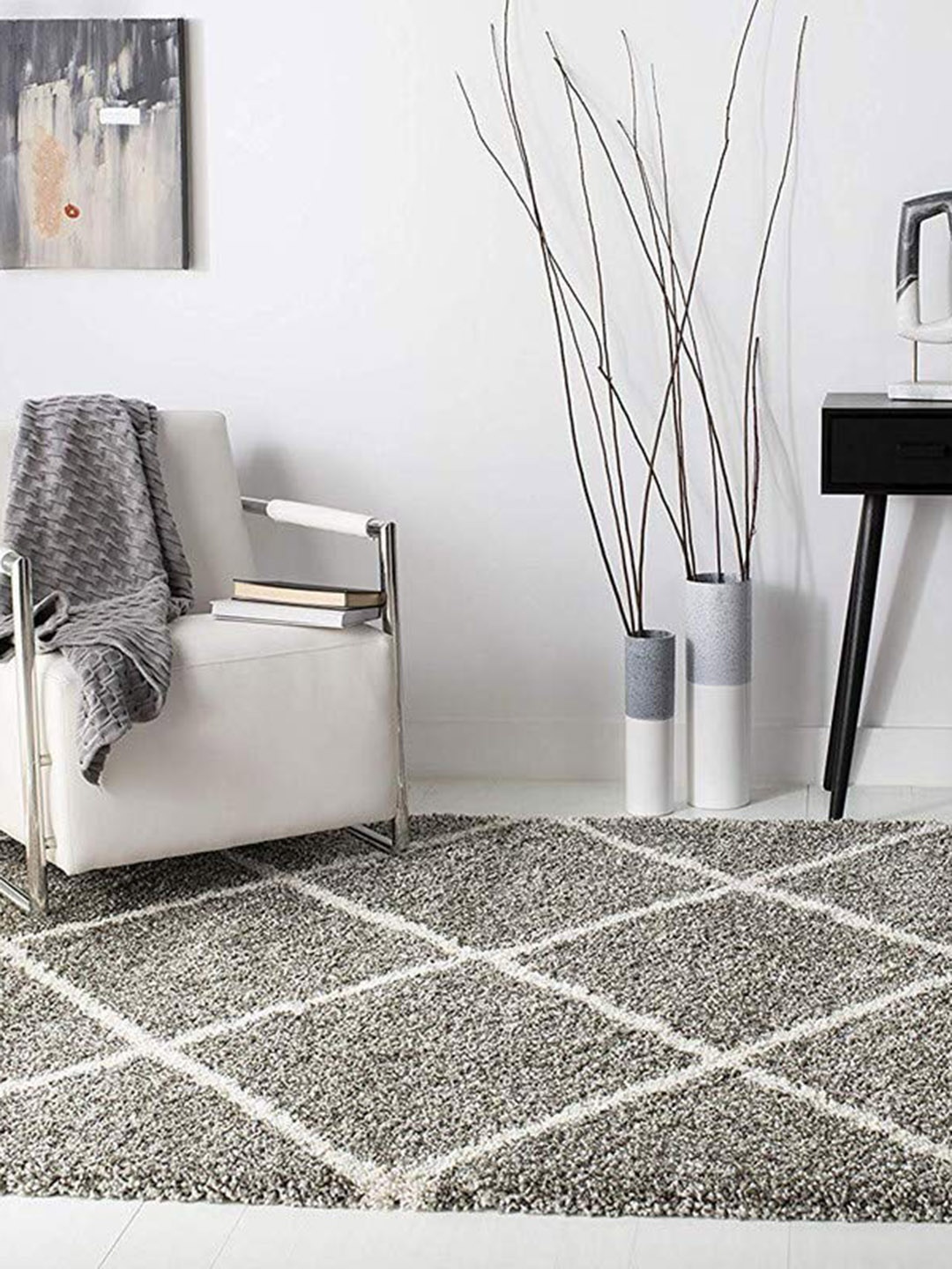 

AaHo Decor Beige & White Geometric Shaggy Woolen Carpets