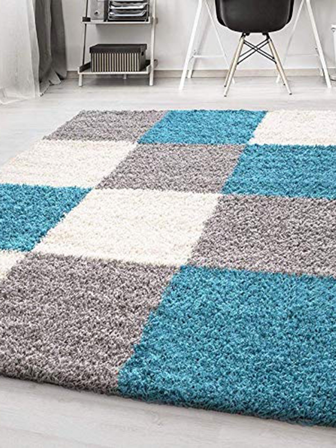 

AaHo Decor Turquoise Blue & White Geometric Shaggy Carpets