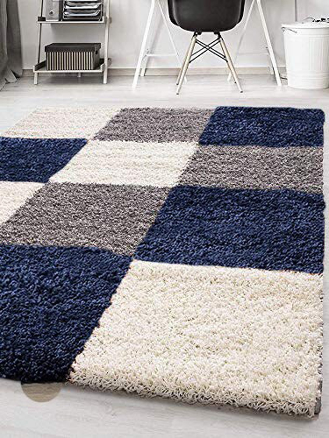 

AaHo Decor Navy Blue & White Geometric Shaggy Carpet