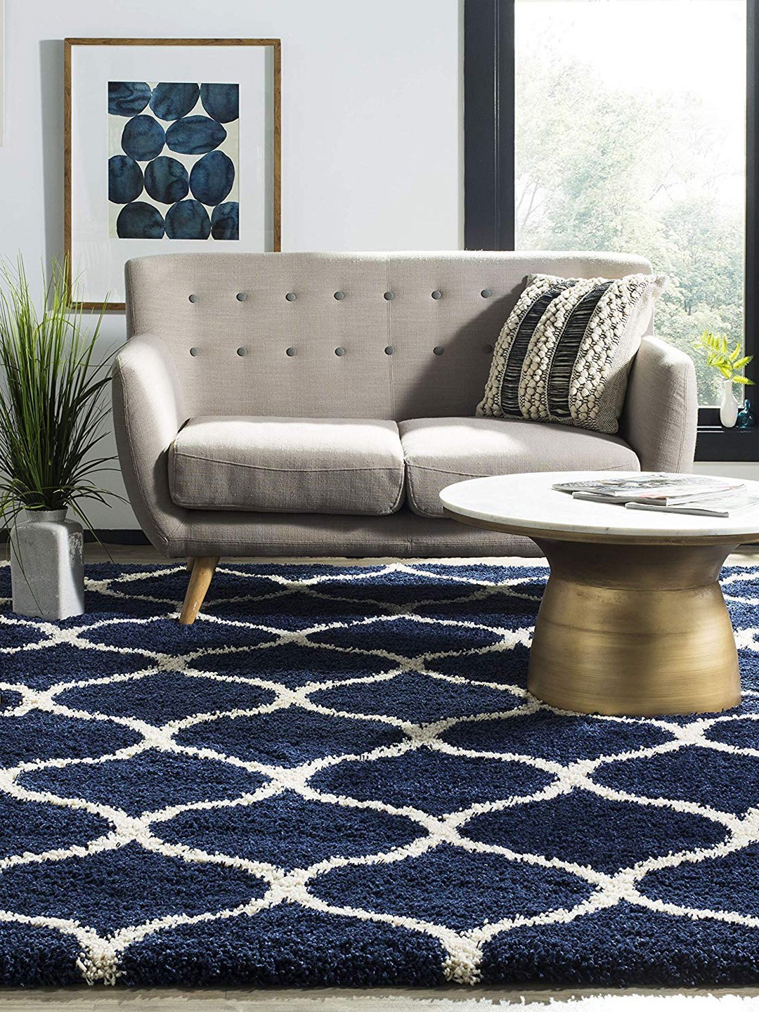 

AaHo Decor Navy Blue & White Anti-Skid Abstract Shaggy Woolen Carpet