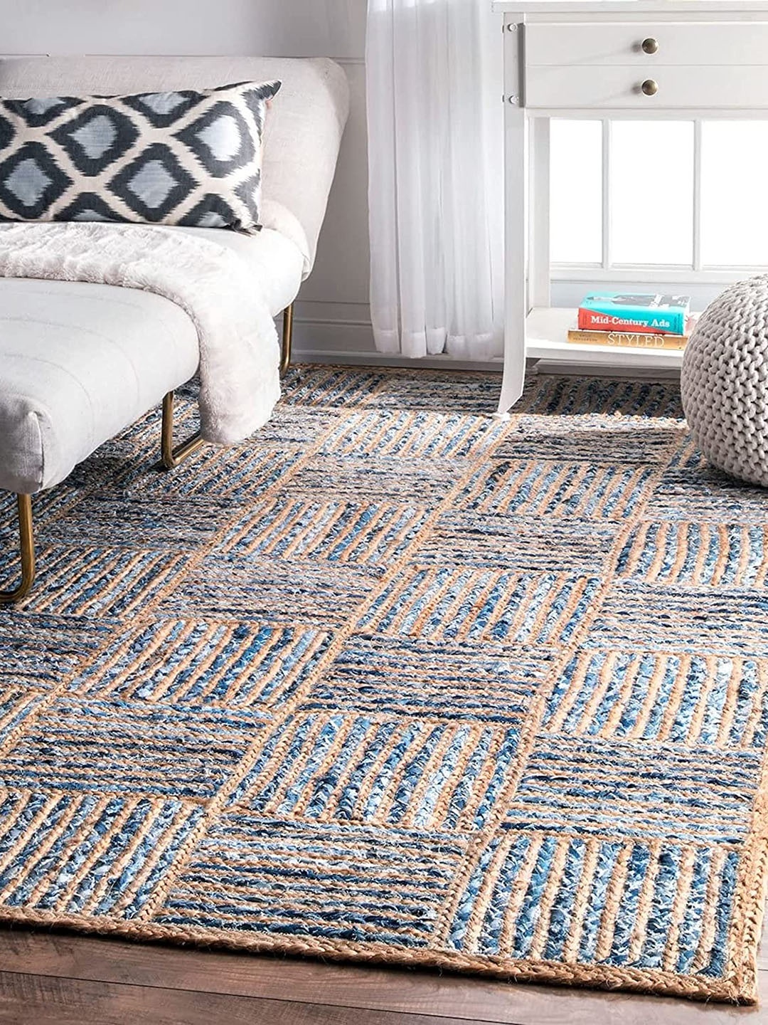 

AaHo Decor Blue Jute Denim Tiles Braided Rugs Carpet