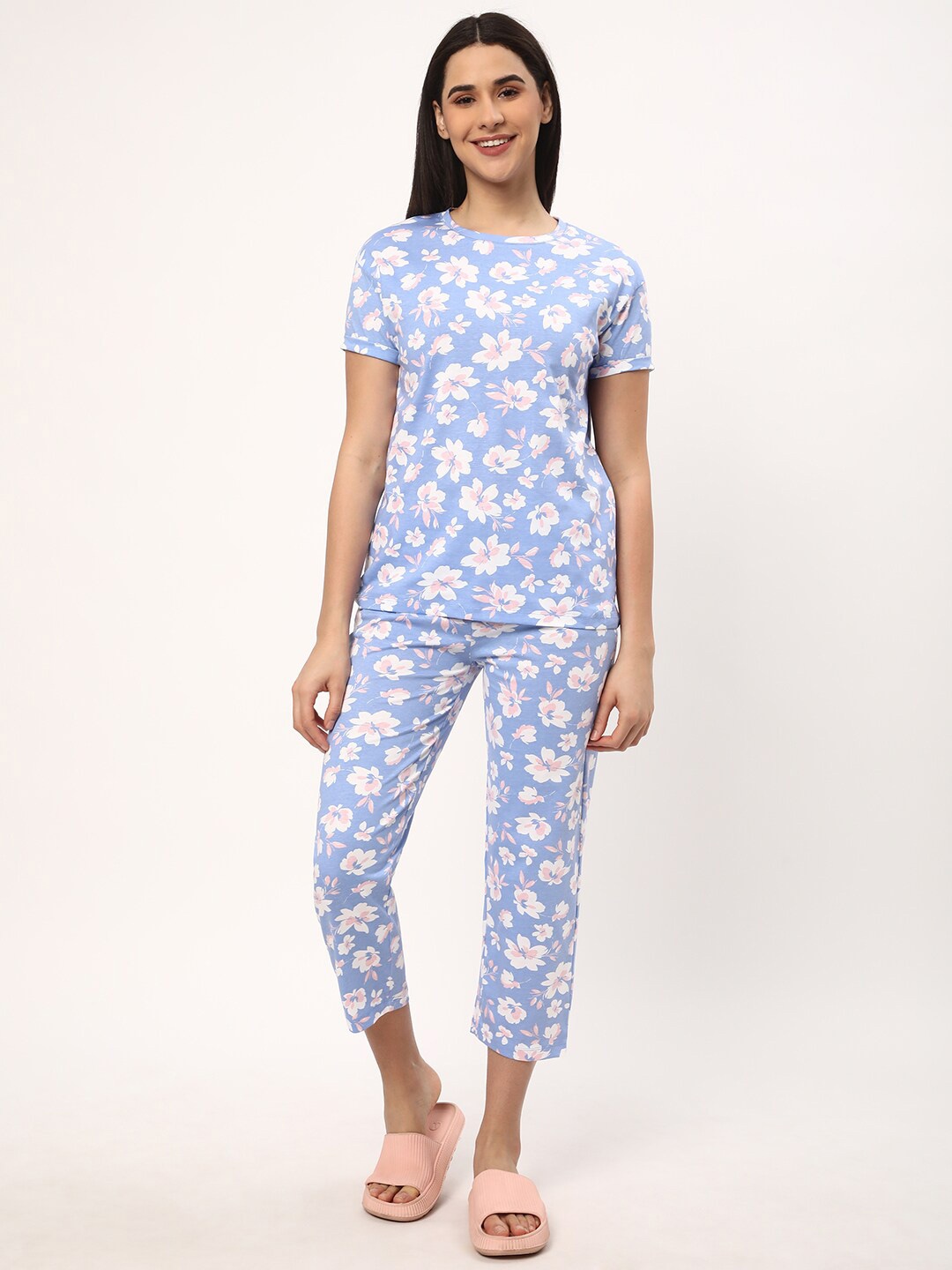 

R&B Floral Printed Pure Cotton Night Suit, Blue