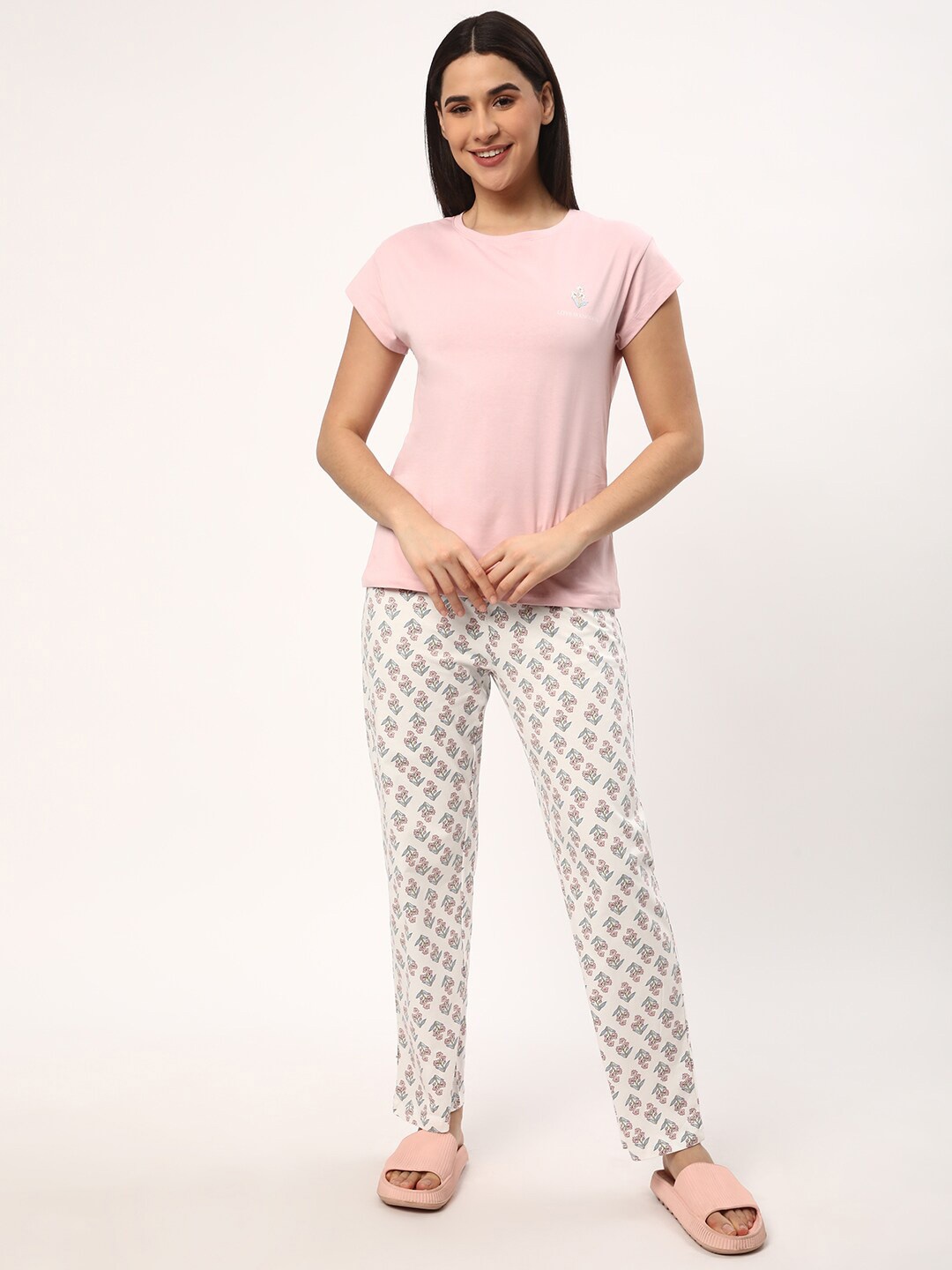 

R&B Printed Pure Cotton Round Neck T-Shirt With Printed Trousers, Pink