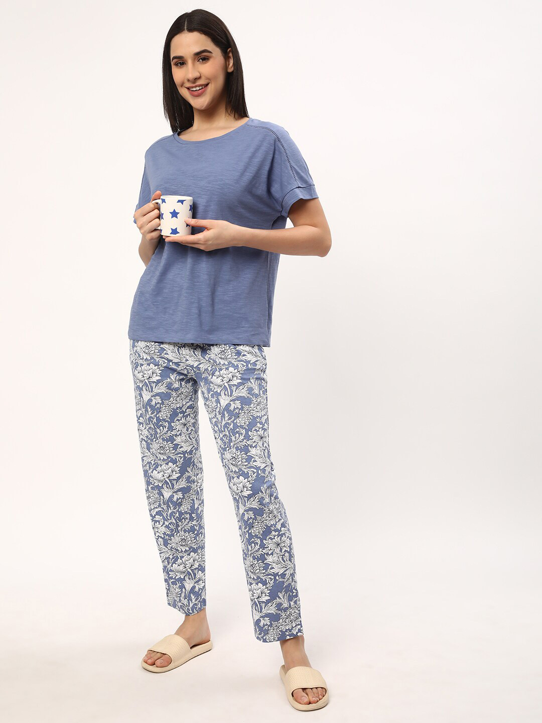 

R&B Round Neck Pure Cotton Night Suit, Blue