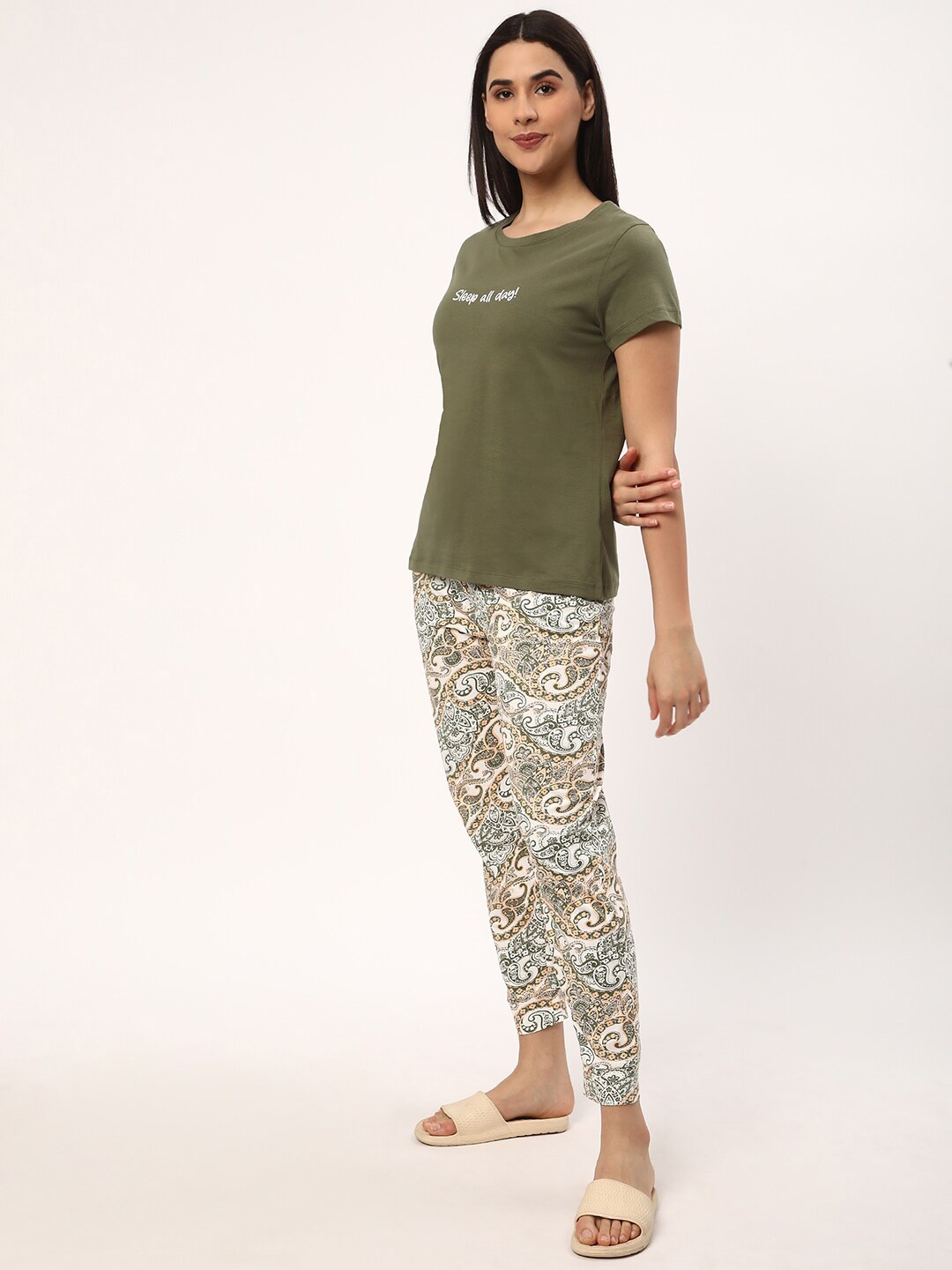 

R&B Printed Pure Cotton Round Neck T-Shirt With Printed Trousers, Olive