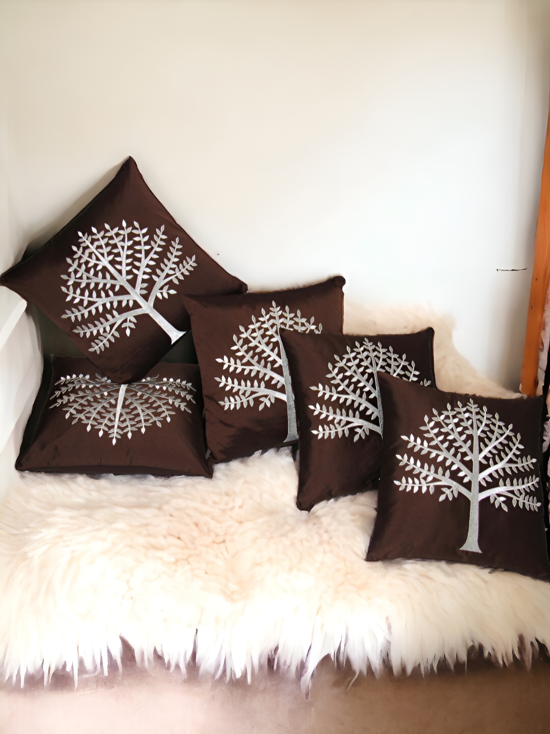 

Zikrak Exim Brown 5 Pcs Embroidered Satin Square Cushion Covers
