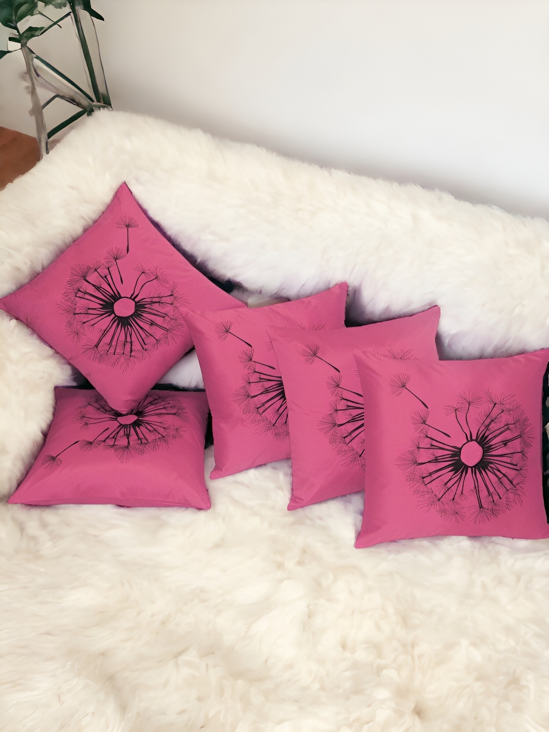 

Zikrak Exim Pink & Black 5 Pcs Embroidered Satin Square Cushion Covers